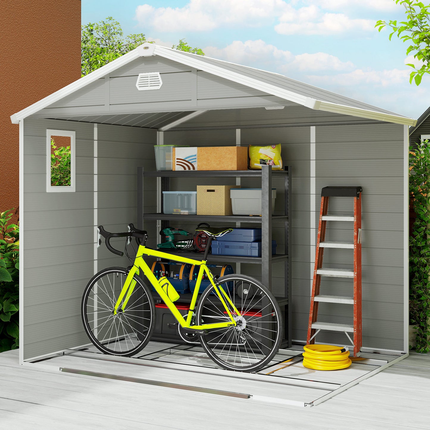 Outsunny 7.9ft x 6.2ft Aluminium Frame and Plastic Wall Shed, with Foundation - Light Grey