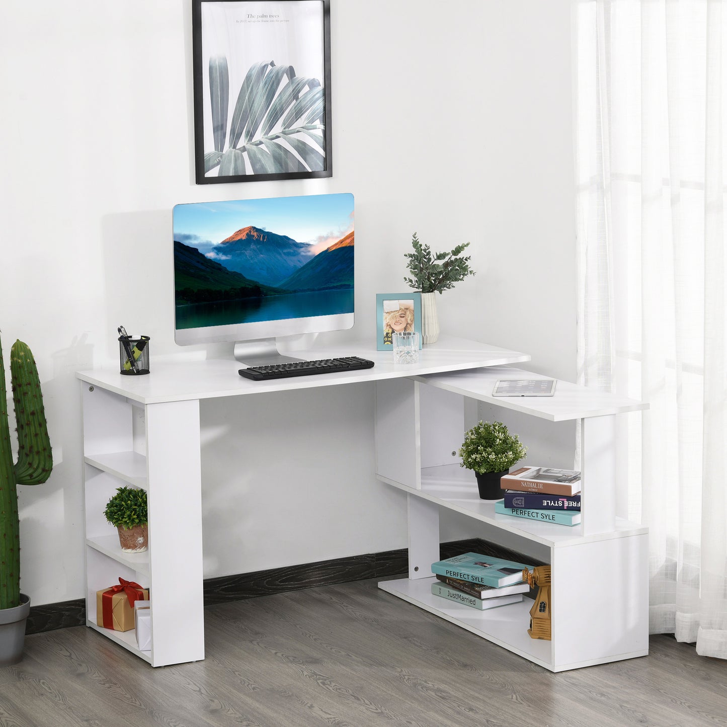 HOMCOM Corner Computer Desk, L Shaped Desk with 360° Rotating Bookshelf, 120L x 110W x 74.5H cm, White