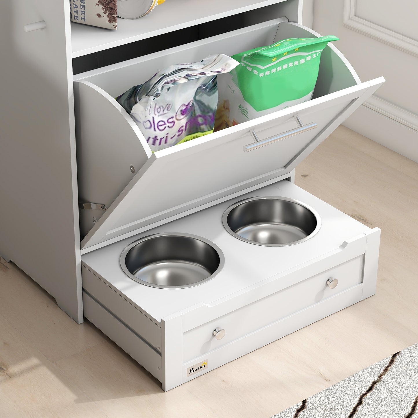 PawHut Pet Feeder Station, Dog, Cat Storage Container, with Raised Bowls, Hanger, Cabinet - White