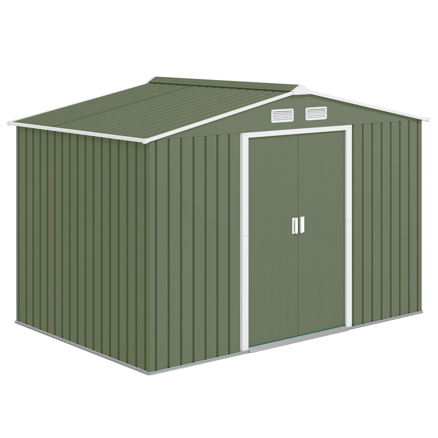 Outsunny 9 x 6ft Metal Garden Shed, Waterproof Outdoor Bike Storage Shed Galvanised with Vents, Foundation Kit, Apex Roof and Lockable Double Doors for Patio Lawn, Light Green