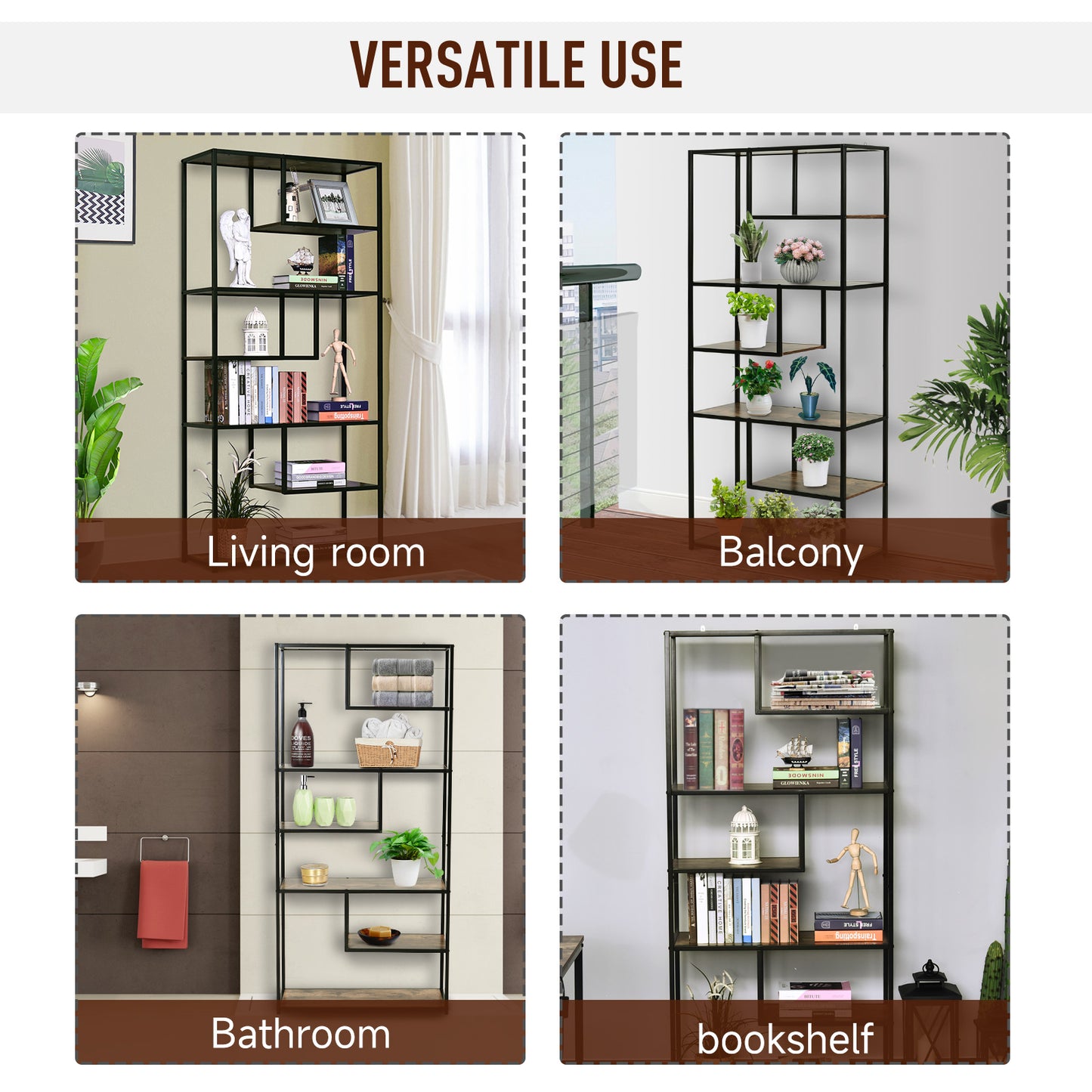 HOMCOM 6 Tier Bookcase, Industrial Tall Shelf Unit with Steel Frame for Home Office, Study, Living Room, Hallway, 82 x 33.5 x 175 cm, Rustic Brown and Black