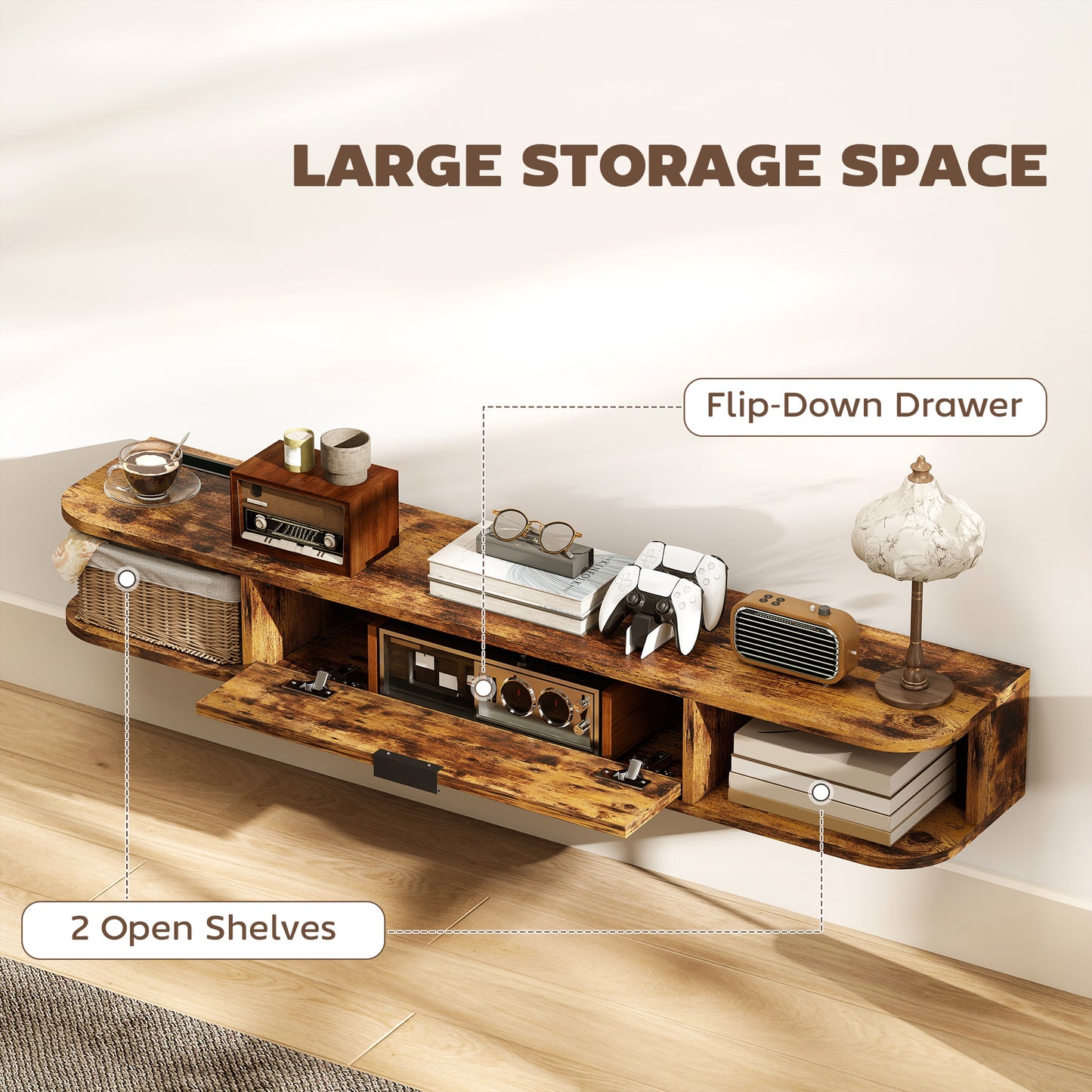 HOMCOM 120 cm Floating TV Unit for TVs up to 50 Inch - Rustic Brown