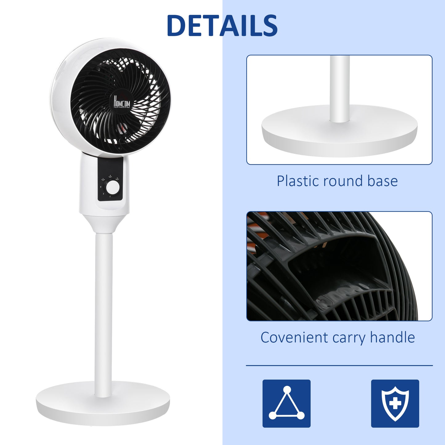 HOMCOM 9'' Air Circulator Fan 3 Speed, 70° Oscillation 90° Vertical Tilt, Carry Handle, Pedestal Fan, Pedestal Fan for Living Room, Bedroom, Office, White and Black