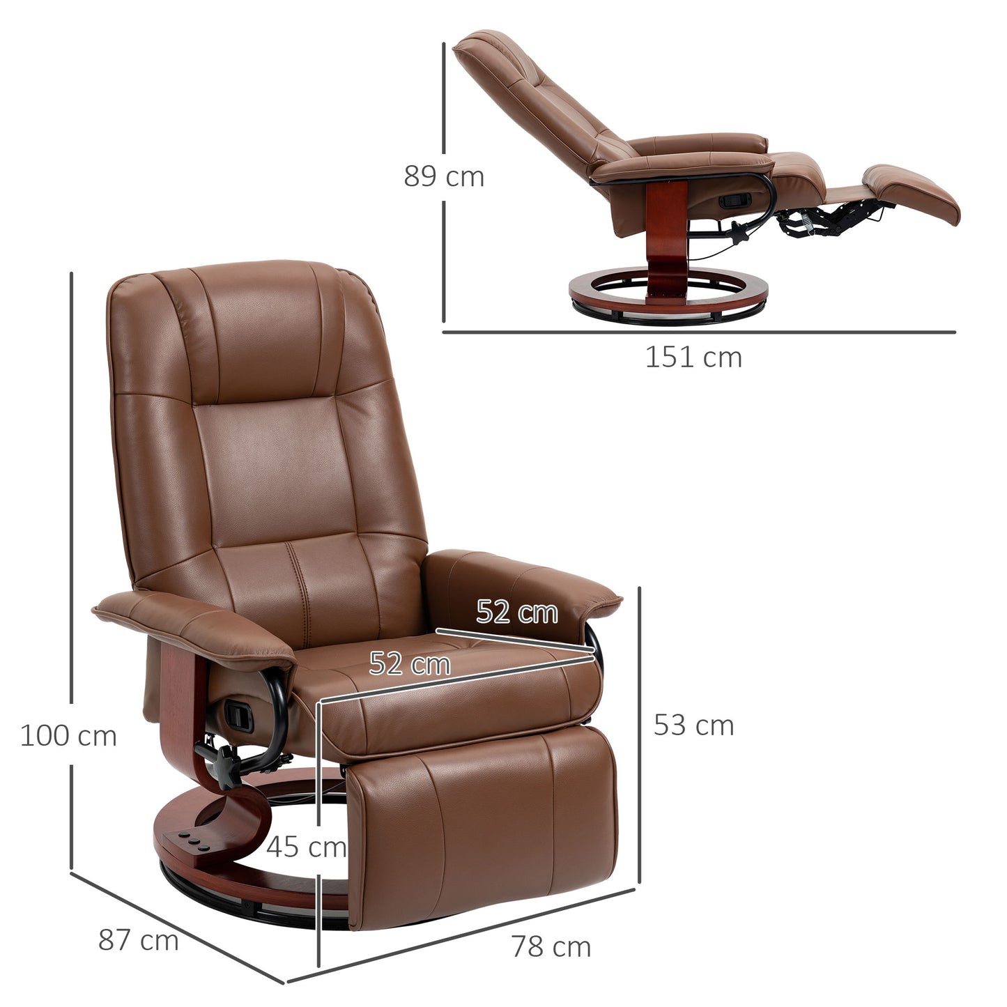 HOMCOM Faux Leather Armchair, with 145° Reclining Back and Footrest - Brown