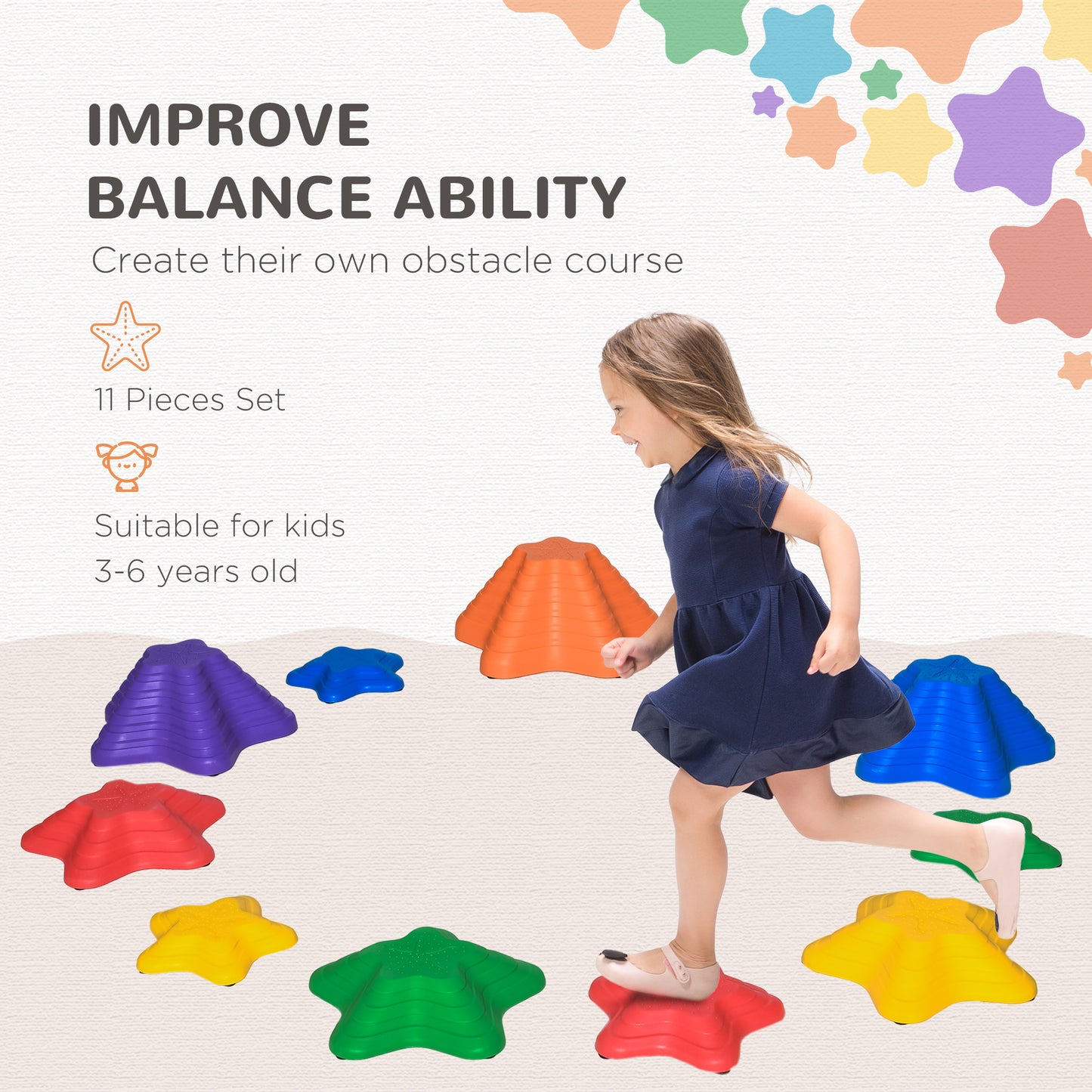 Outsunny 11-Piece Balance Stepping Stones for Kids Starfish Style Non-slip Obstacle Course Stackable Balance Blocks Garden Toys Encourage Toddler Sensory Toys Indoor Outdoor - Multicoloured