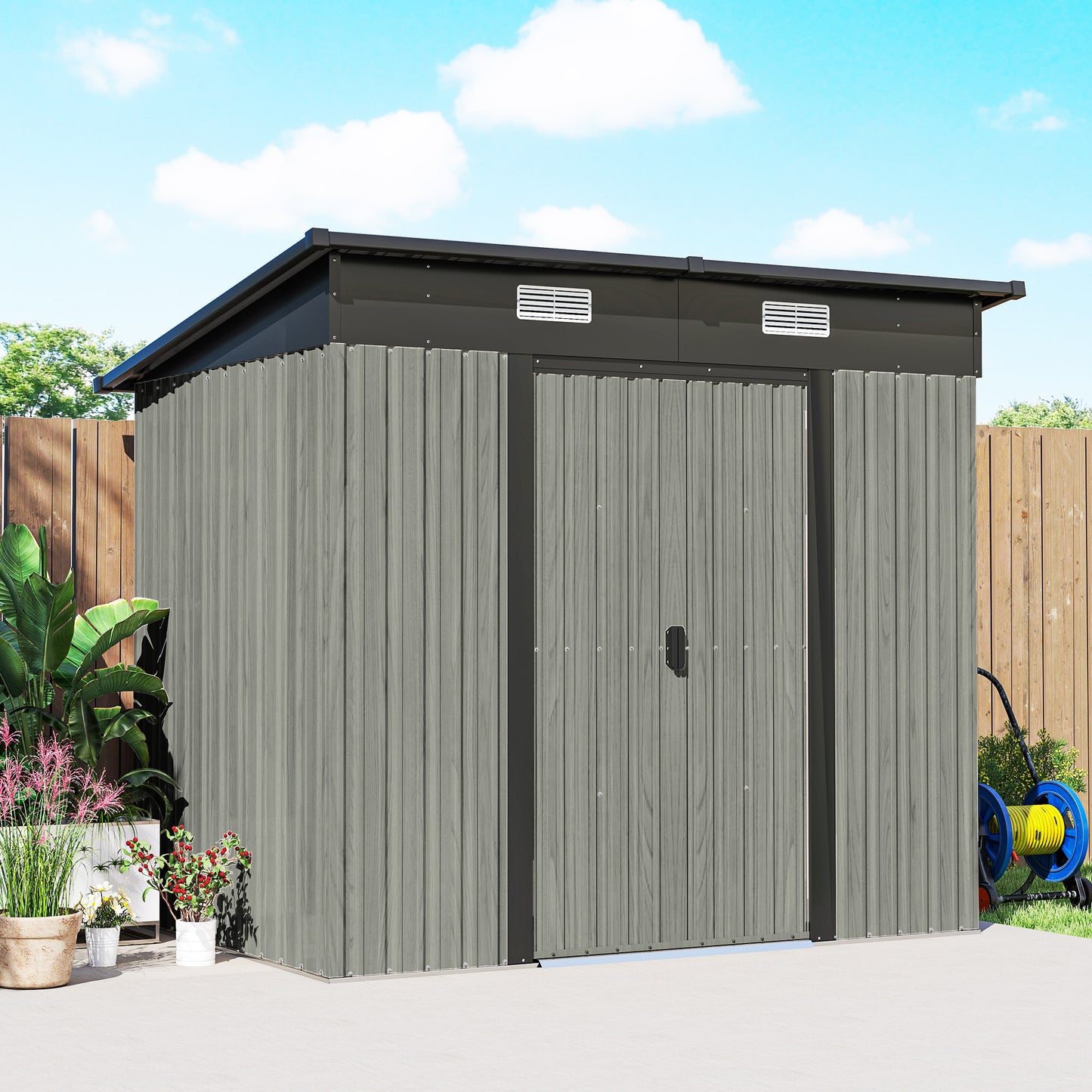Outsunny 7 x 4ft Outdoor Storage Shed with Foundation Kit, Lean to Metal Garden Shed for Log, Rubbish Bin, Tool, Bike, Light Grey
