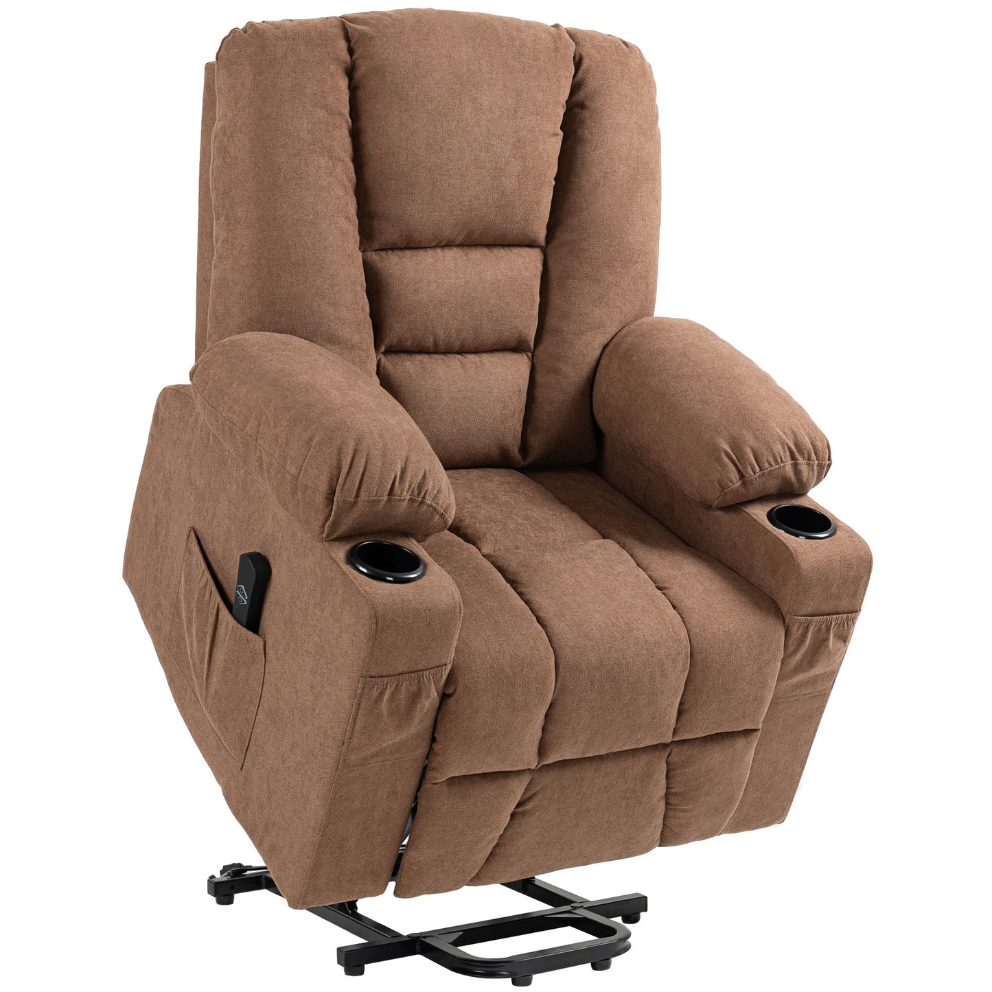 HOMCOM Oversized Riser and Recliner Chairs for the Elderly, Fabric Upholstered Lift Chair for Living Room with Remote Control, Side Pockets, Cup Holder, Brown