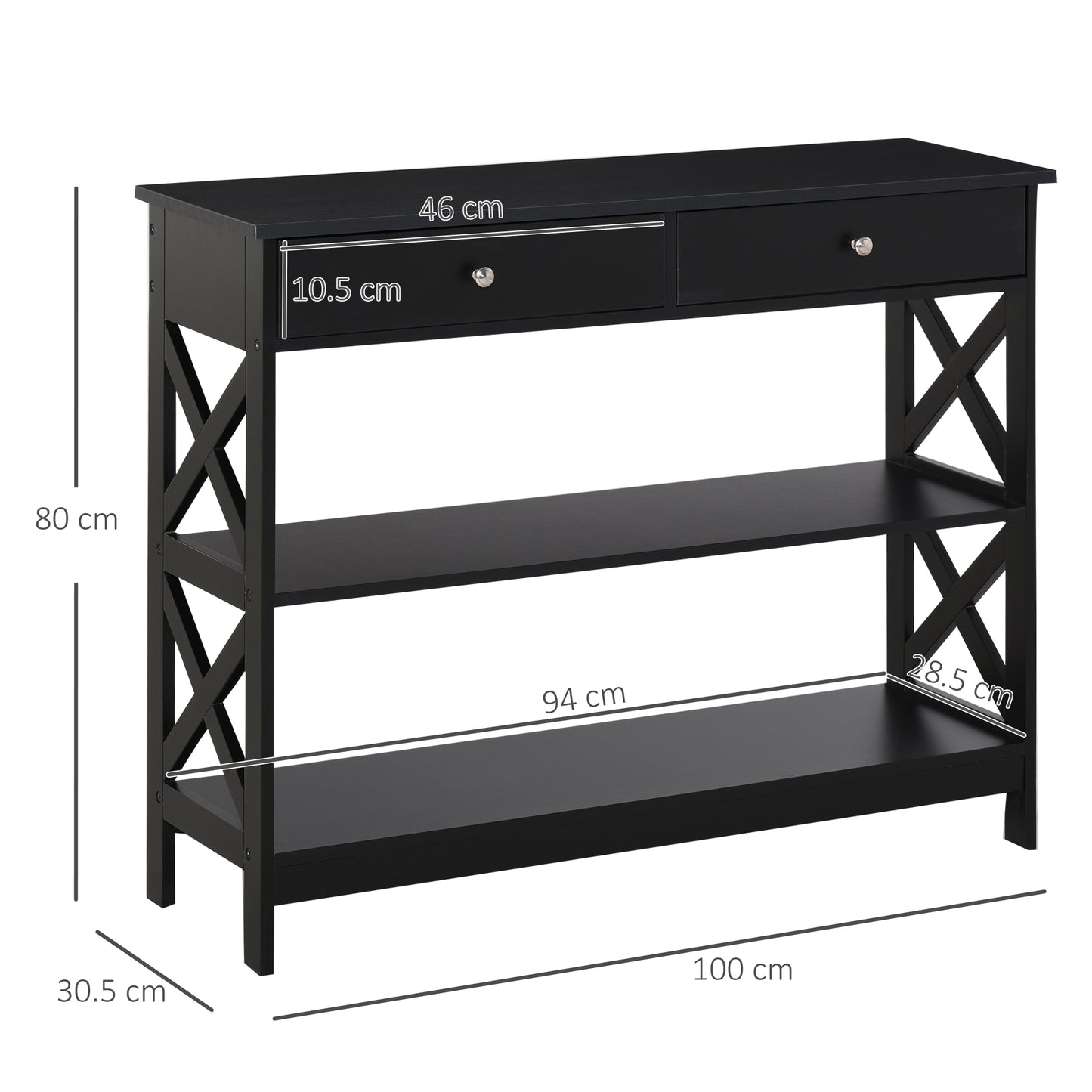 HOMCOM Console Table Side Desk w/ Shelves Drawers Open Top X Support Frame Living Room Hallway Home Office Furniture Black