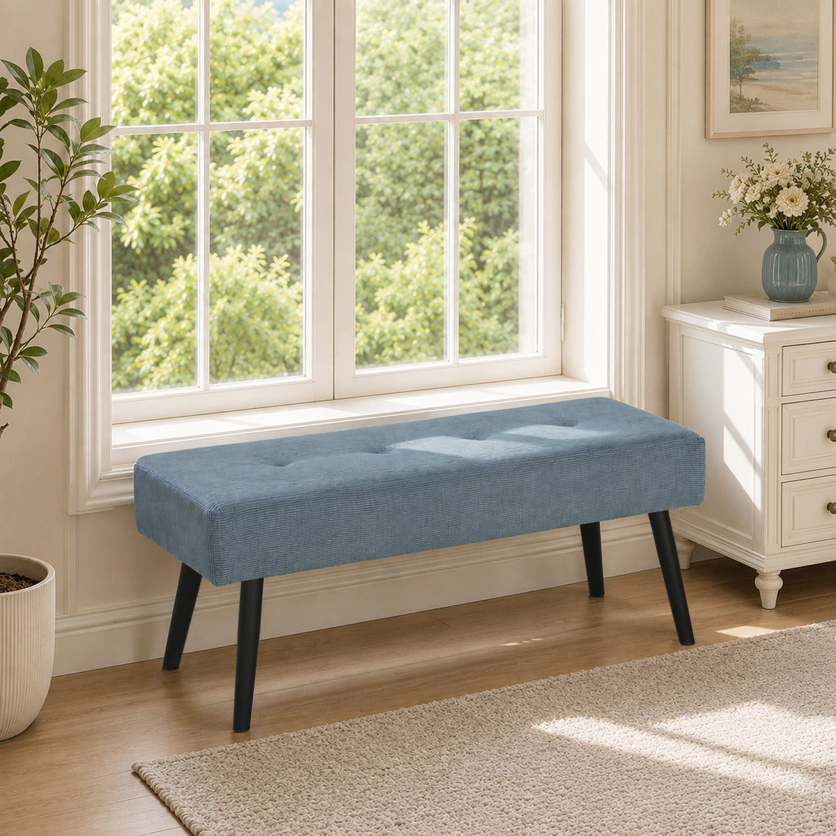 HOMCOM Upholstered Bedroom Entryway Bench, Modern Corduroy Tufted End of Bed Bench with Padded Seat and Steel Legs, Blue