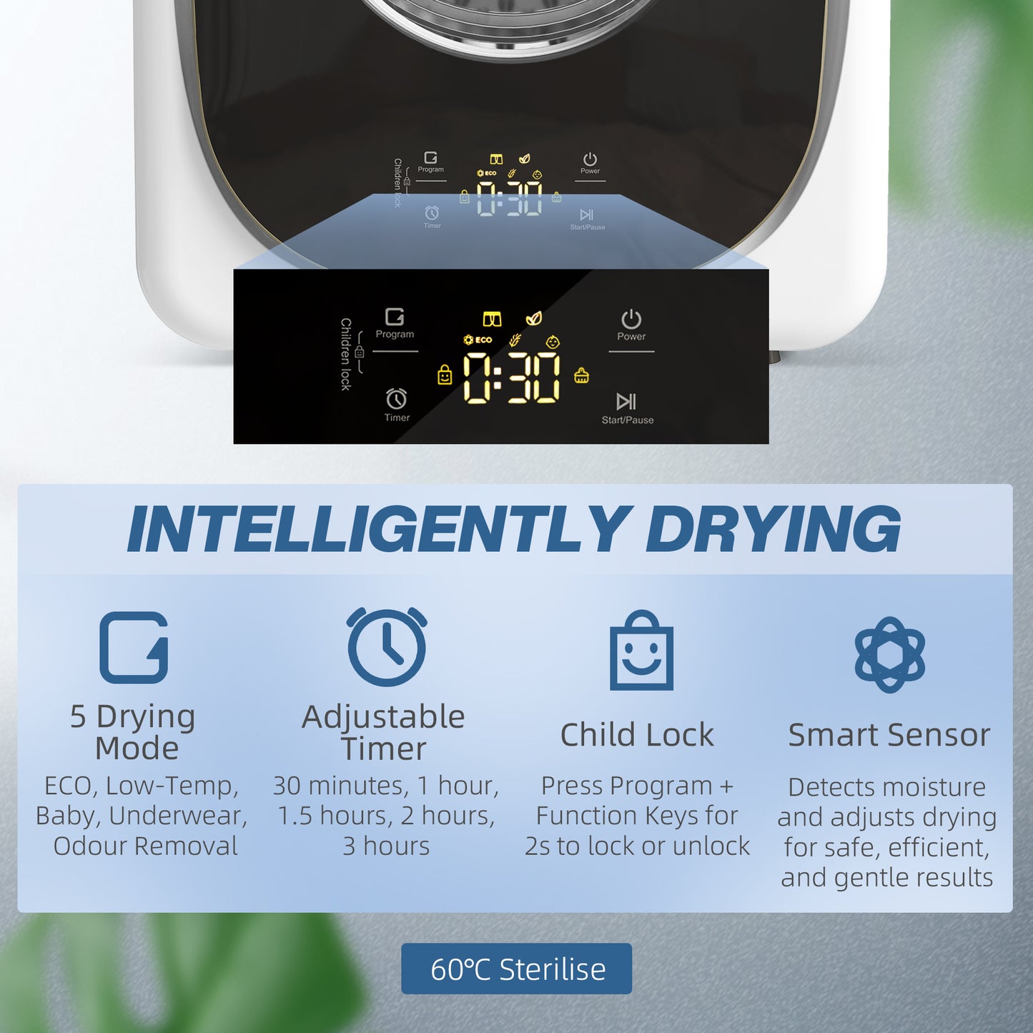 HOMCOM 4kg Vented Tumble Dryer, 800W Compact Freestanding Front Tumble Dryer with 5 Drying Mode, Smart Sensor, Timer and Stainless Steel Tub, Wall-Mounted Portable Small Clothes Drying Machine, White