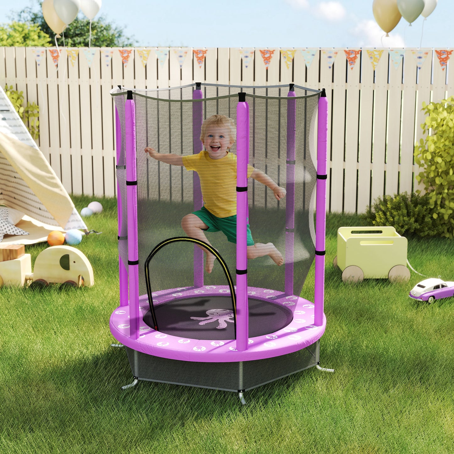 AIYAPLAY 4.6ft Toddler Trampoline w/ Safety Enclosure Net, for Indoor Outdoor Use, Ages 3-6 Years, Purple