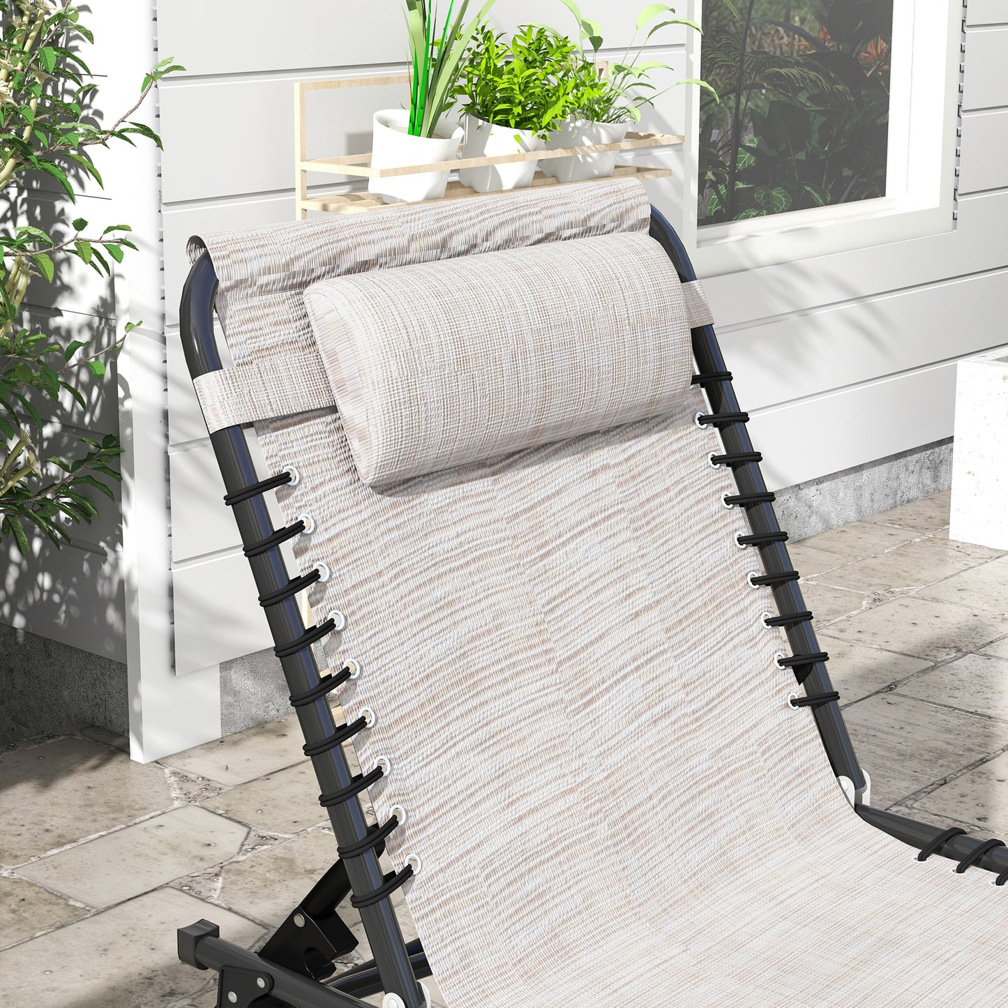 Outsunny Foldable Sun Lounger, Outdoor 4 Level Adjustable Backrest Reclining Chaise Chair, Steel Frame Recliner Chair for Camping, Hiking, Cream White