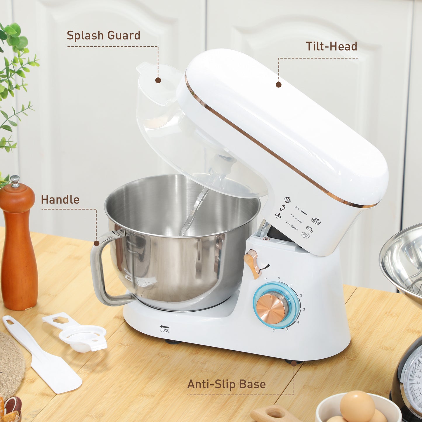 HOMCOM Stand Mixer, 5L Food Mixer for Baking, 6 Speeds and Pulse Setting, 1400W Cake Electric Kitchen Mixer with Dough Hook, Whisk, Stainless Steel Bowl, Splash Guard, Beater, White