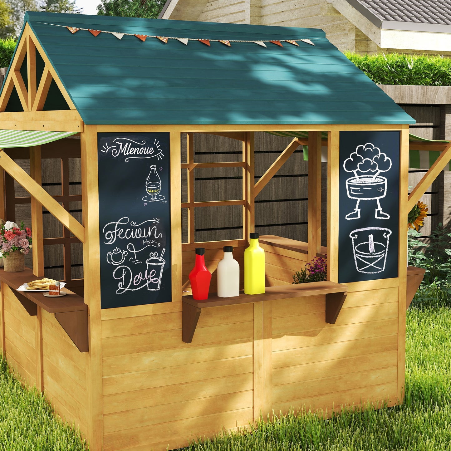 AIYAPLAY Wooden Playhouse for Kids, Foldable Wendy House with Windows, Working Door, Service Stations, Rain Covers, Brown