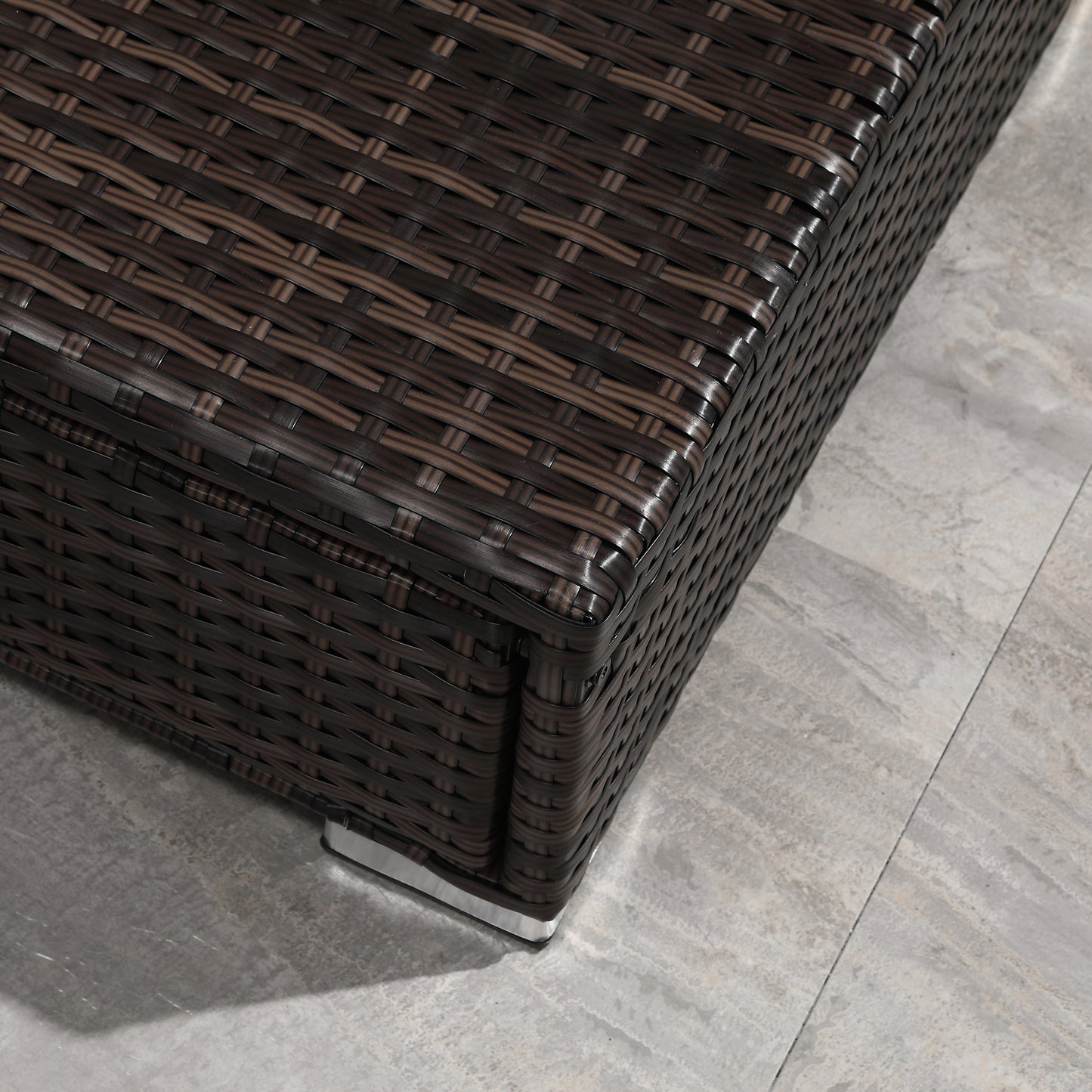 Outsunny 3 Pieces Rattan Garden Furniture Sofa Set, 4 Seater Garden Corner Sofa with 5-Level Reclining Sun Lounger and Storage Coffee Table, Outdoor Furniture Conservatory Set with Cushions, Brown