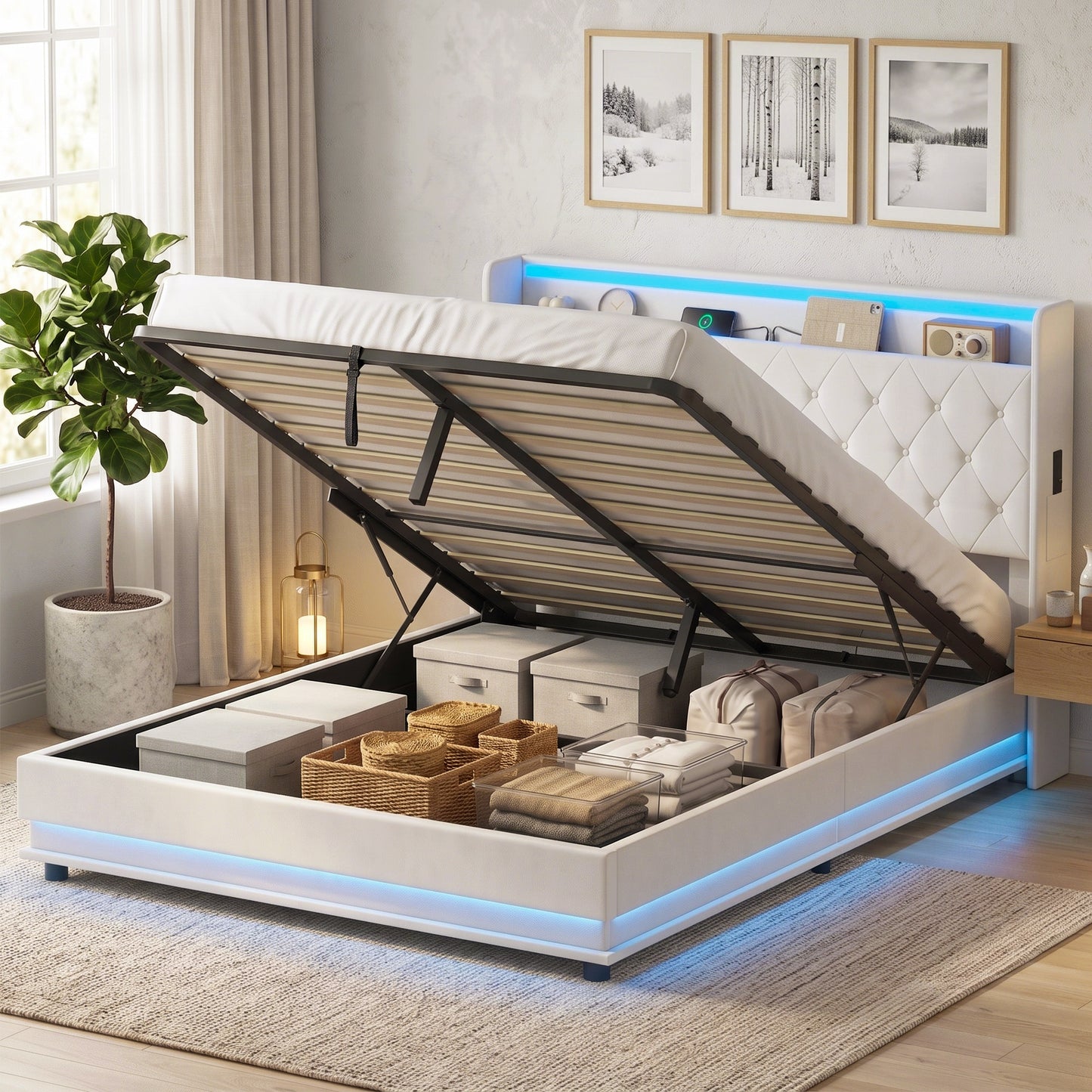 HOMCOM 5ft King Bed Frame with Headboard, Platform Bed Frame with Hydraulic Storage, LED Lights and Charging Station, White
