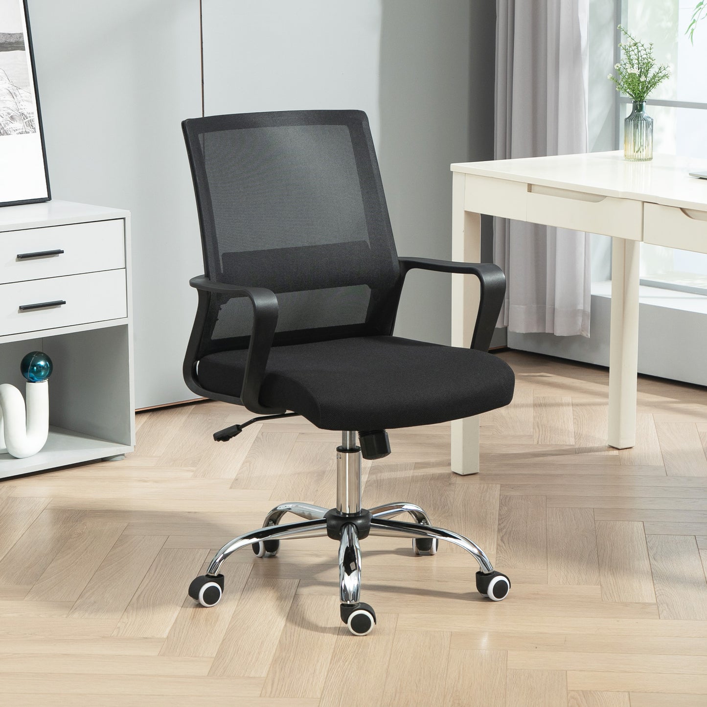 Vinsetto Home Office Chair and Computer Desk Set, Mesh Chair with Swivel Wheels, Study Desk with Storage Shelf, Rustic Brown and Black
