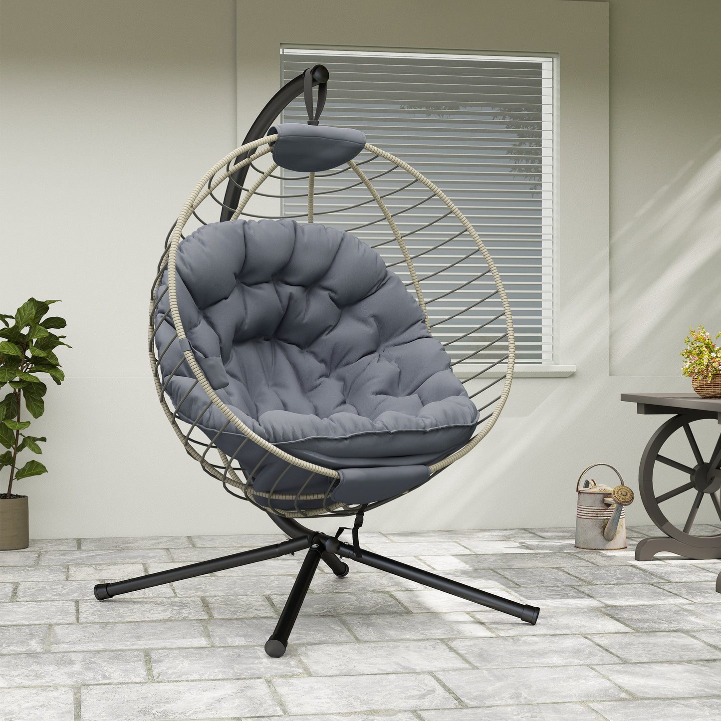 Outsunny PE Rattan Swing Chair, Outdoor Hanging Chair with Metal Stand, Thick Padded Cushion, Foldable Basket and Cup Holder, for Indoor and Outdoor, Grey