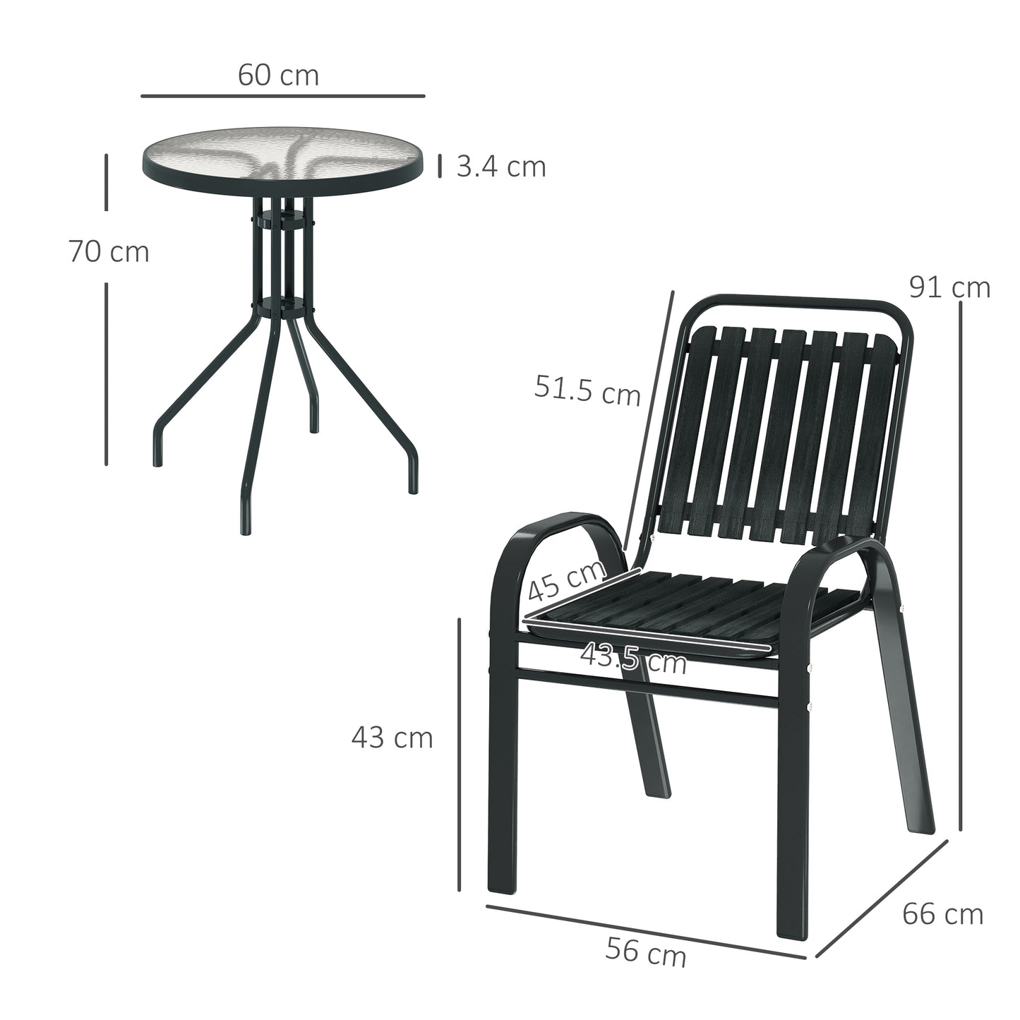 Outsunny 3 Pieces Patio Bistro Set with Stackable Chairs, Tempered Glass Table, for Outdoor, Balcony, Patio, Garden Charcoal Grey