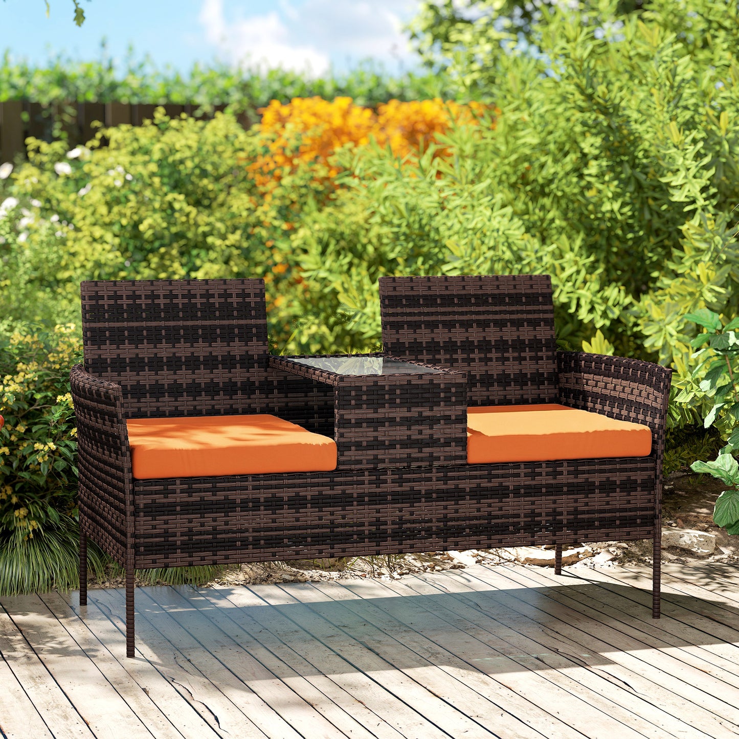 Outsunny Two-Seat Rattan Chair, with Middle Table - Orange