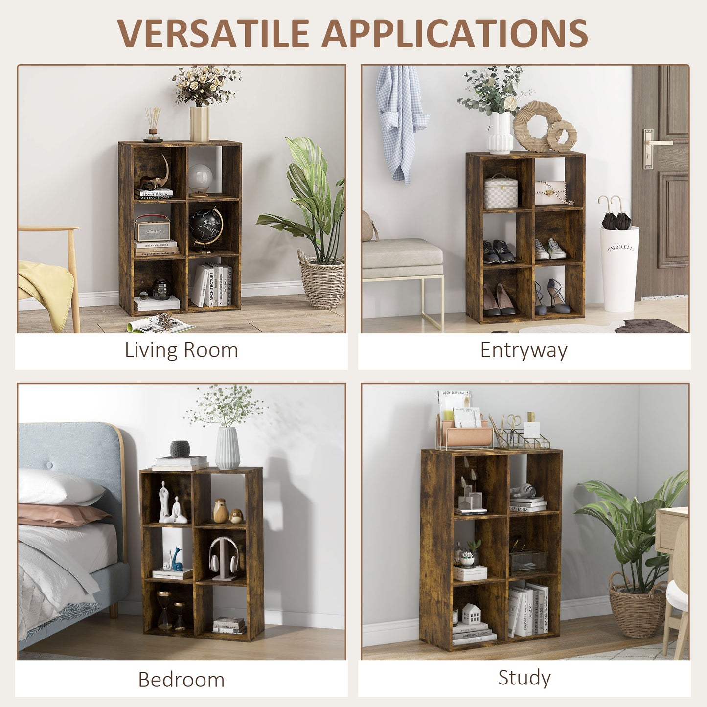 HOMCOM 6-Cube Bookshelf - Rustic Brown