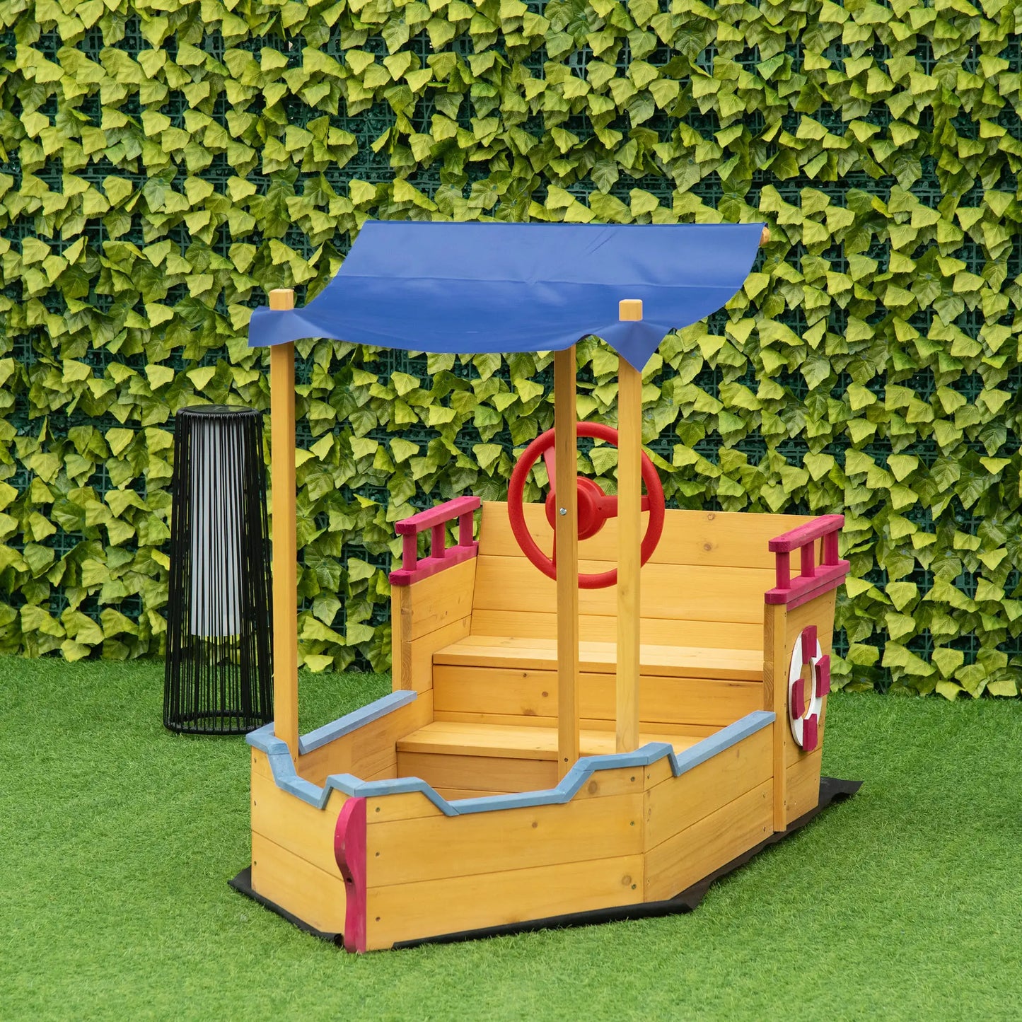 Kids Wooden Sand Pit Children Sandbox Pirate Ship Sandboat Play Station for Outdoor w/ Canopy Shade Storage Bench Bottom Liner
