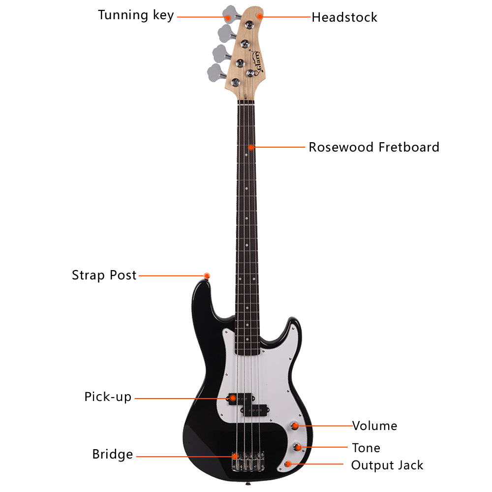 Glarry GP Electric Bass Guitar with Amp Bag Strap Tool - Black