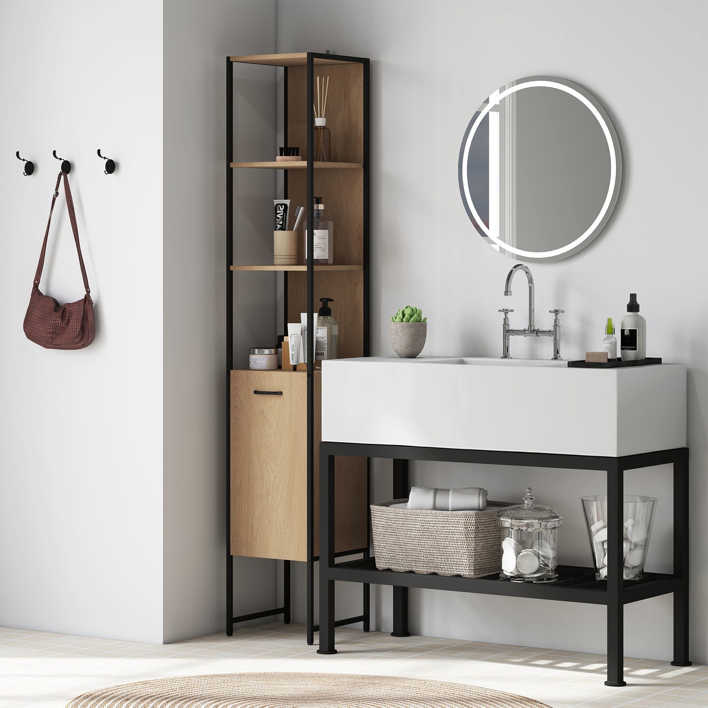 HOMCOM Tall Bathroom Cabinet with Open Shelves and Adjustable Shelf - Natural Wood Finish