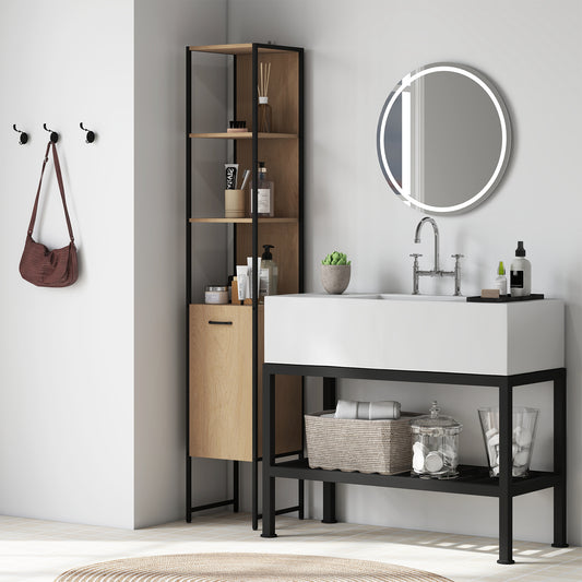 HOMCOM Tall Bathroom Cabinet with Open Shelves and Adjustable Shelf - Natural Wood Finish