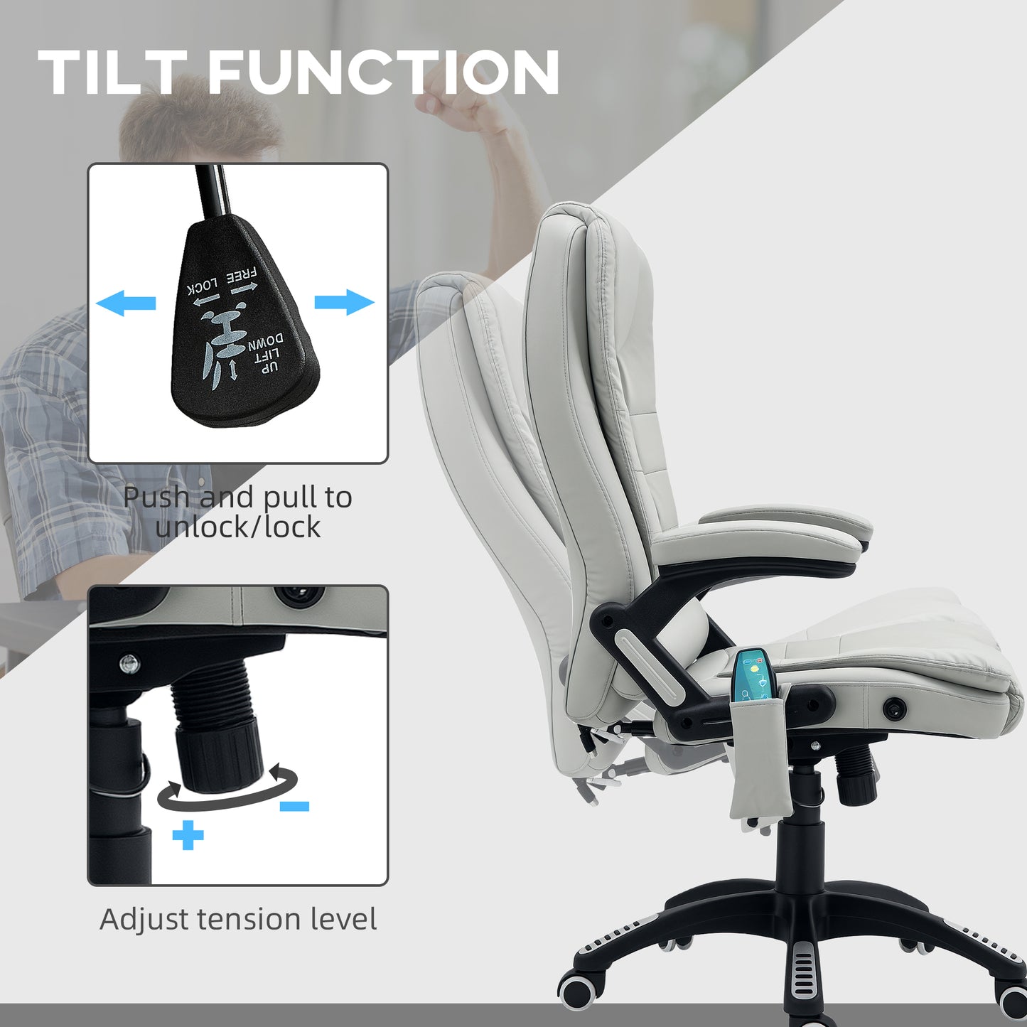 HOMCOM 6-Point Massage Office Chair with Seat Heated for Home Office, PU Leather High Back Executive Desk Chair with Adjustable Height and 360° Swivel for Work Study, Light Grey
