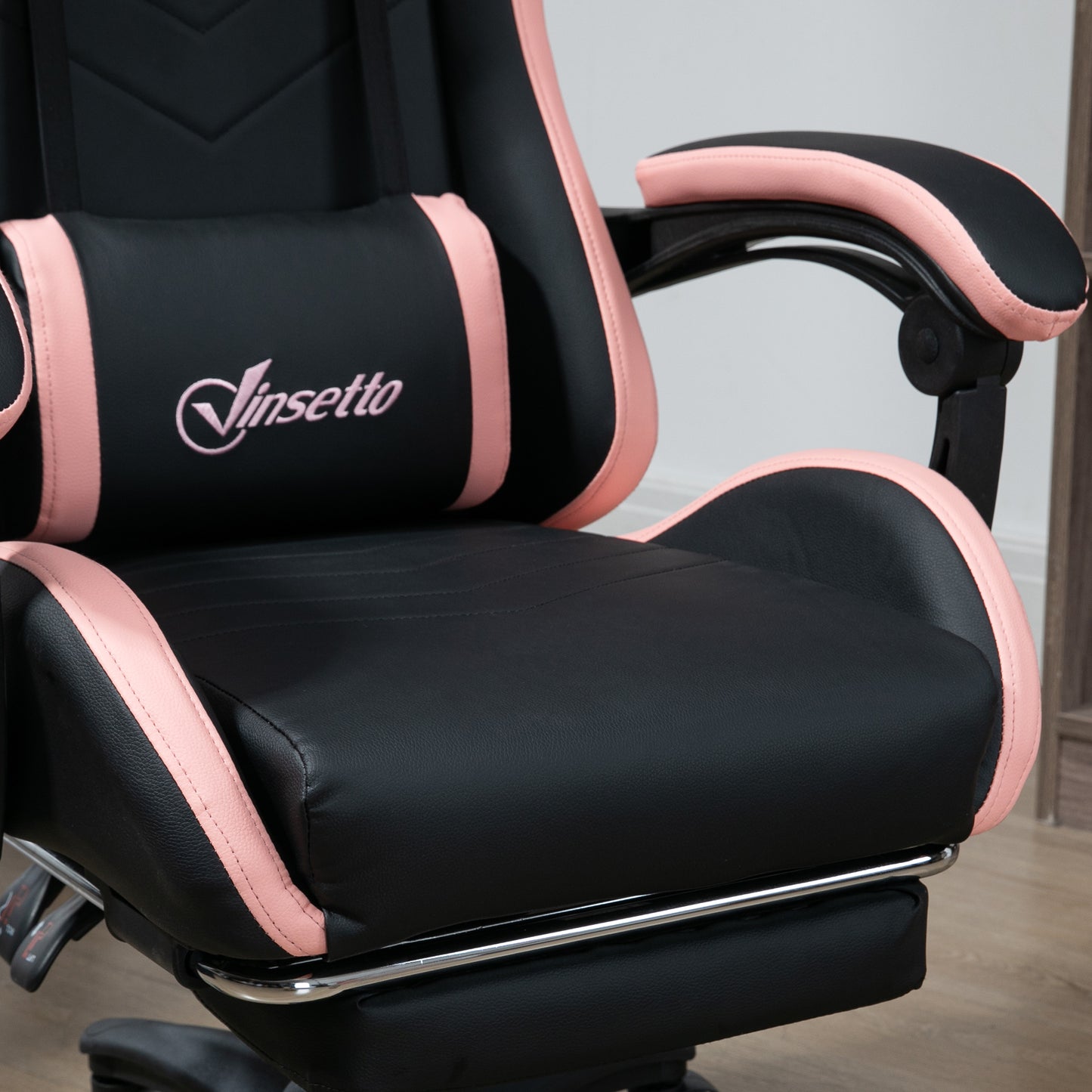 Vinsetto Computer Gaming Chair, PU Leather Office Desk Chair with Footrest, Swivel Wheels, 135° Reclining Back, Lumbar Support, Headrest for Home, Black and Pink