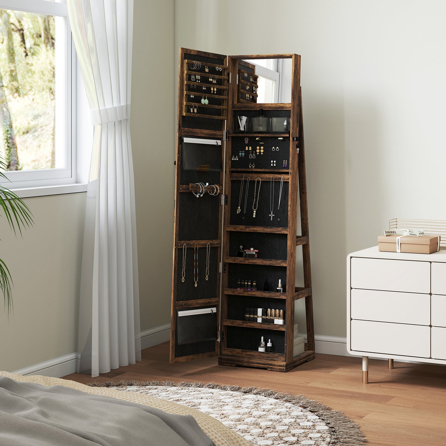 HOMCOM 360° Swivel Jewellery Cabinet, Free Standing Full Length Mirror with Storage, Lockable Jewellery Organiser with Built-in Makeup Mirror and Storage Shelves for Bedroom, Rustic Brown