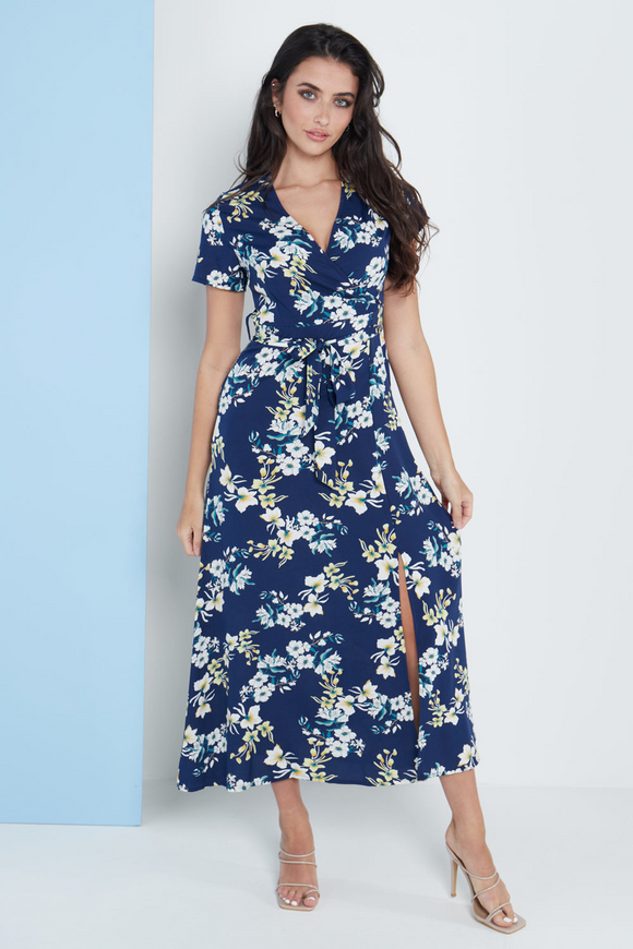 Wrap Front Maxi Dress In Navy Blue Floral Print