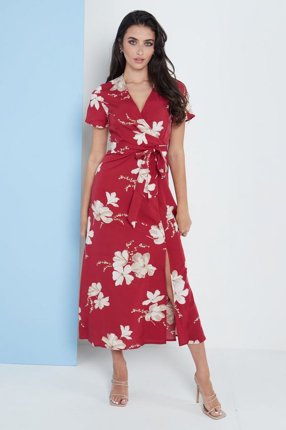 Wrap Front Maxi Dress In Red Floral Print