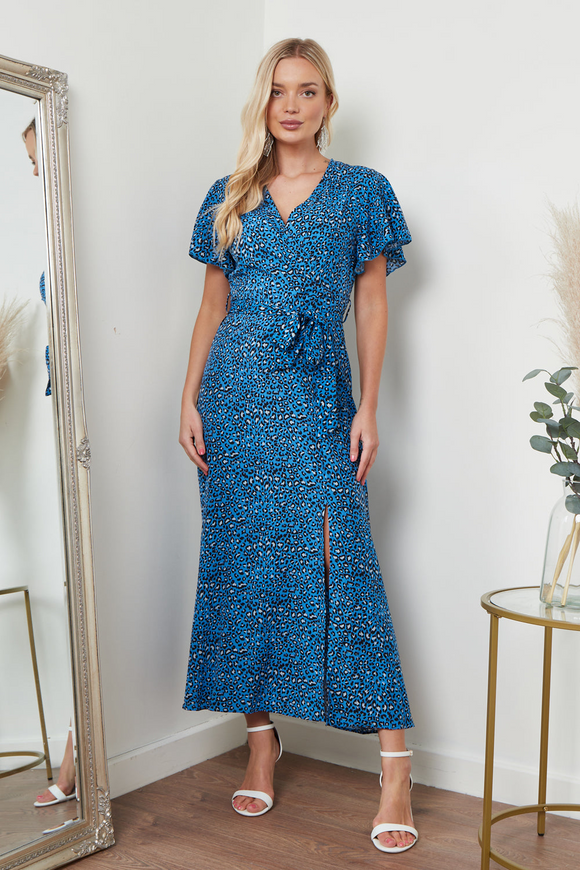 Wrap Front Maxi Dress In Blue Animal Print
