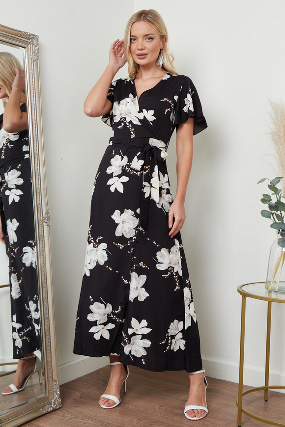 Wrap Front Maxi Dress In Black Floral Print