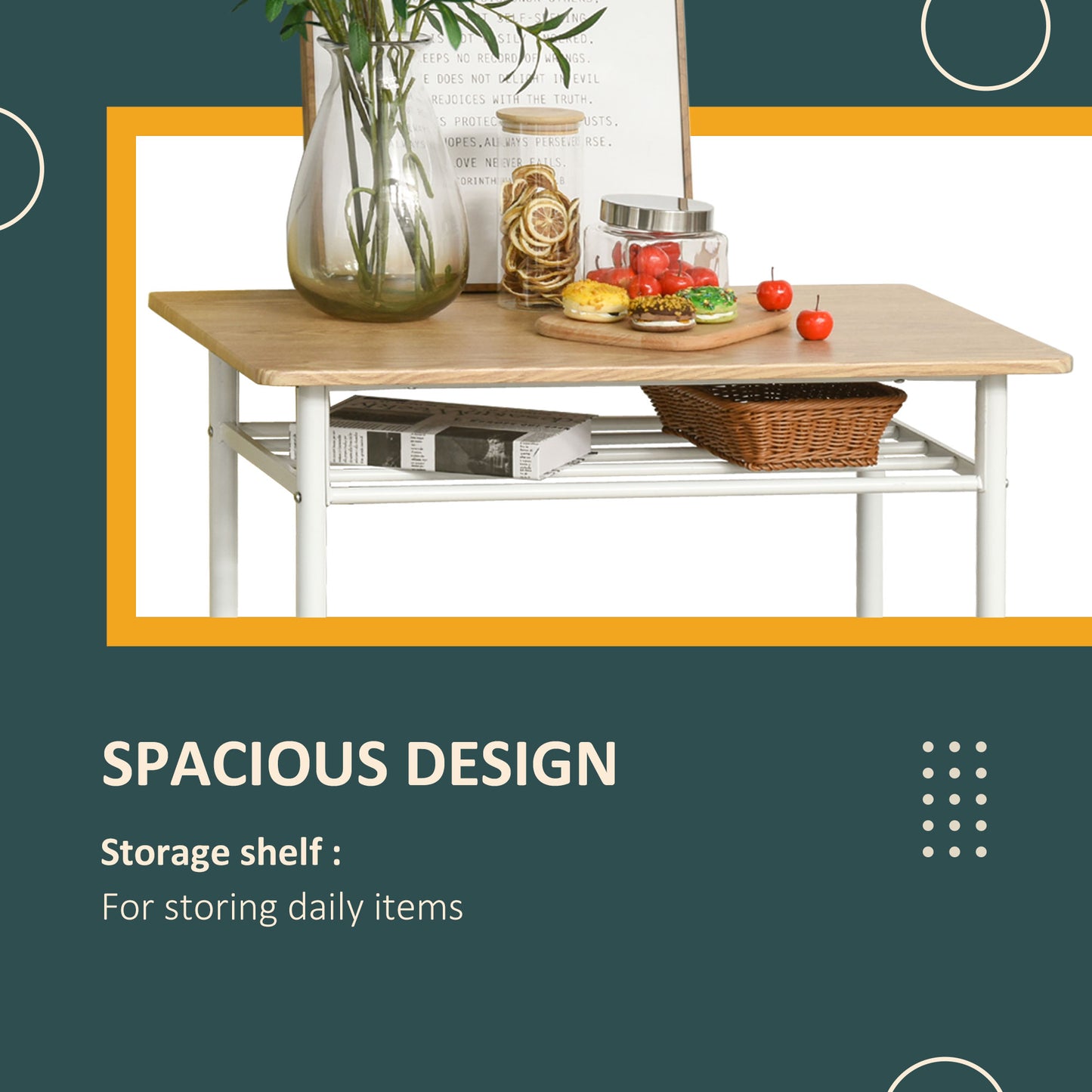 HOMCOM Bar Table Set, Bar Table and Stools Set, Footrest and Storage Shelf, for Kitchen, Dining Room, Pub, Cafe, White and Oak