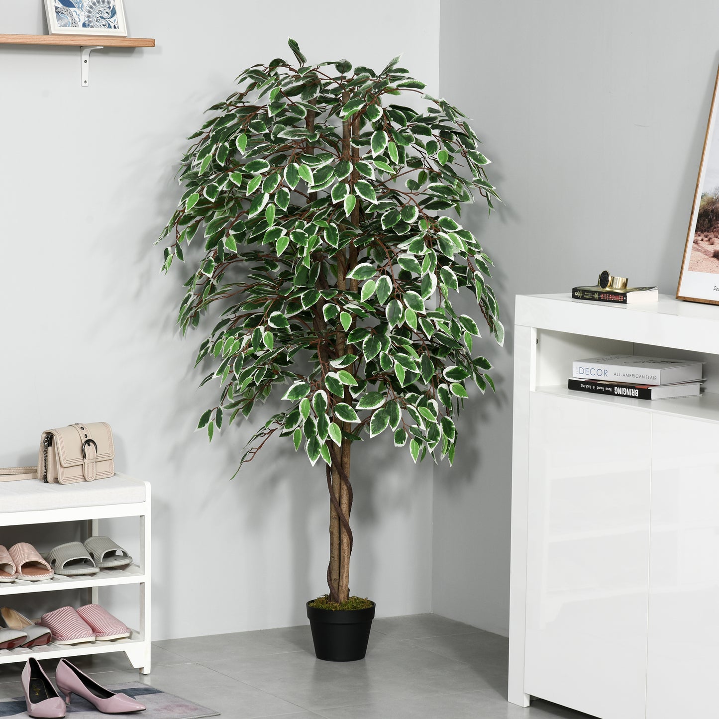 Outsunny 160cm/5.2FT Artificial Ficus Silk Tree with Nursery Pot, Decorative Fake Plant, for Indoor Outdoor Décor