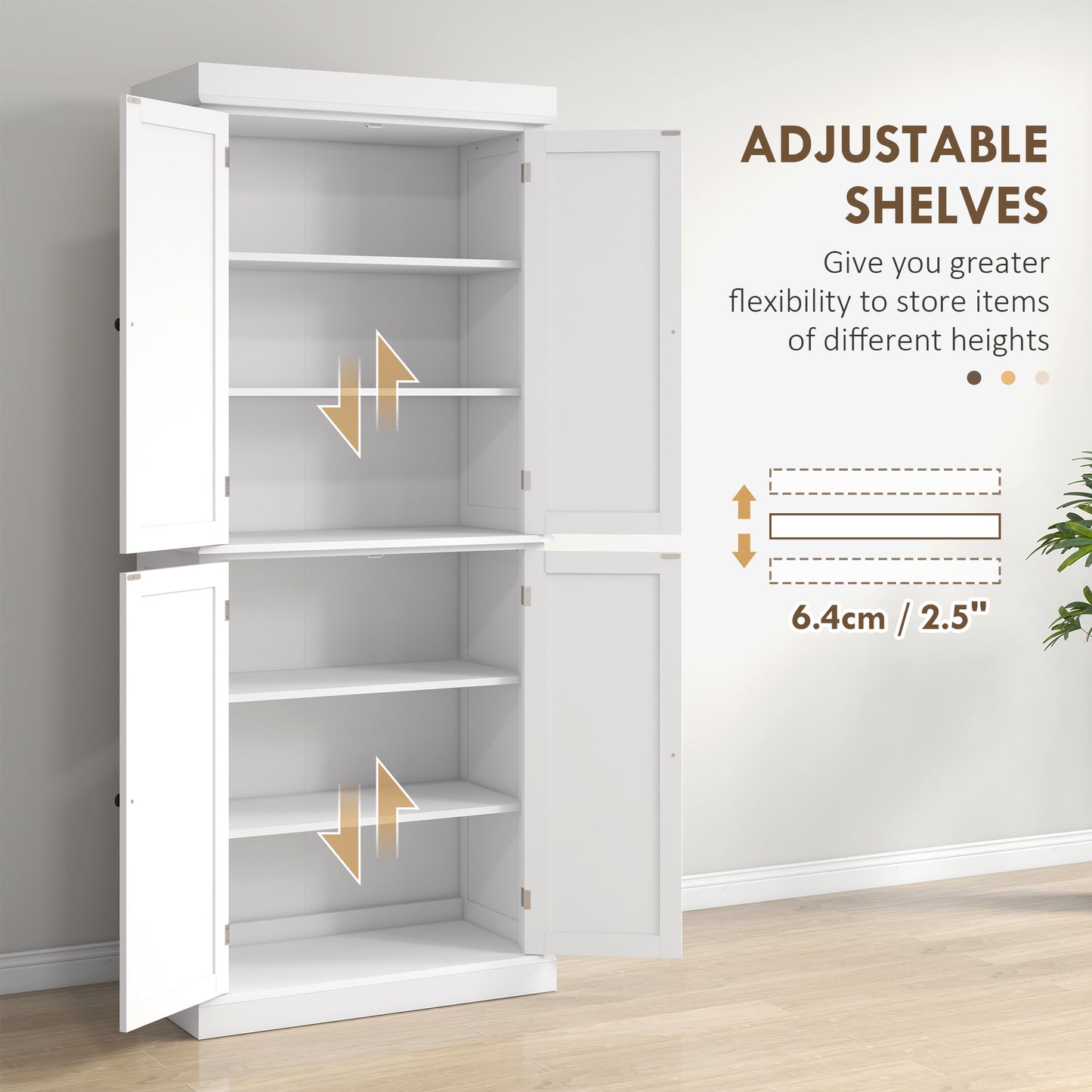 HOMCOM White Kitchen Cupboard with 4 Doors, Tall Design, Adjustable Shelves for Kitchen Storage, White