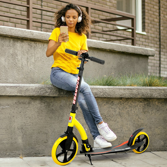 HOMCOM Foldable Kick Scooter with Double Shock Absorption and Big Wheels, Height Adjustable Aluminium Frame Big Wheel Scooter for 14+ Teens Adult - Yellow