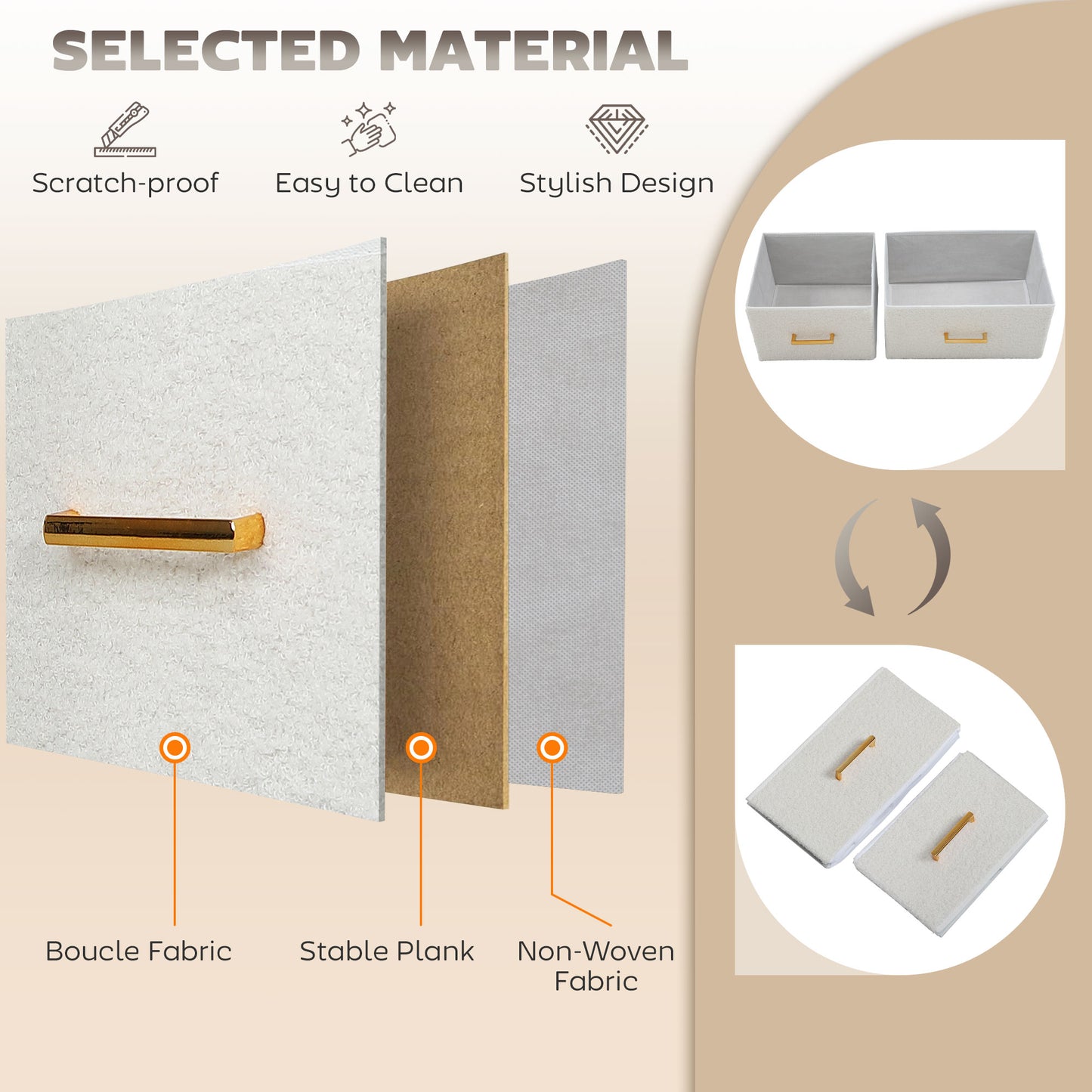 HOMCOM Boucle Chest of Drawers, 8 Fabric Drawers Storage Organiser with Charging Station, 2 USB and 2 AC Ports, Steel Frame, Fabric Dresser for Living Room, Bedroom, Hallway, Cream White