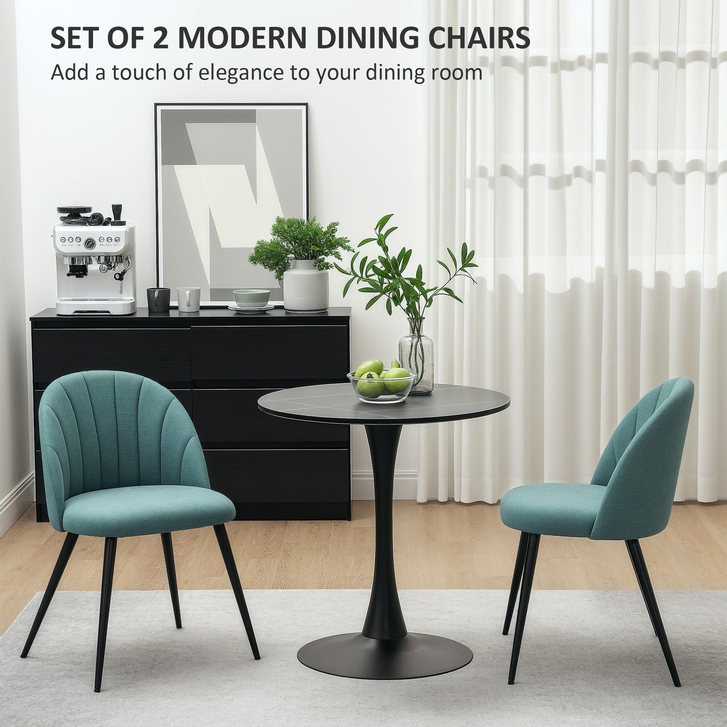 HOMCOM Dining Chairs Set of 2, Modern Upholstered Kitchen Chairs with Metal Legs, Shell Backrest and Padded Seat for Dining Room, Bedroom, Living Room, Vanity, Green