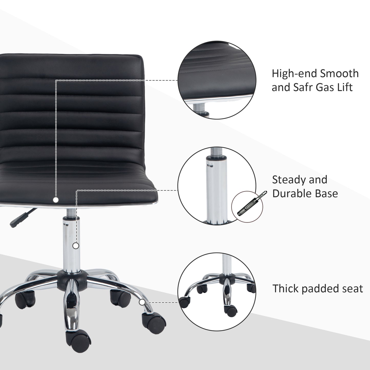 HOMCOM Armless Task Desk Chair, Swivel Office Chair with Faux Leather, Adjustable Seat Height, Chrome Base, Wheels for Home, Black