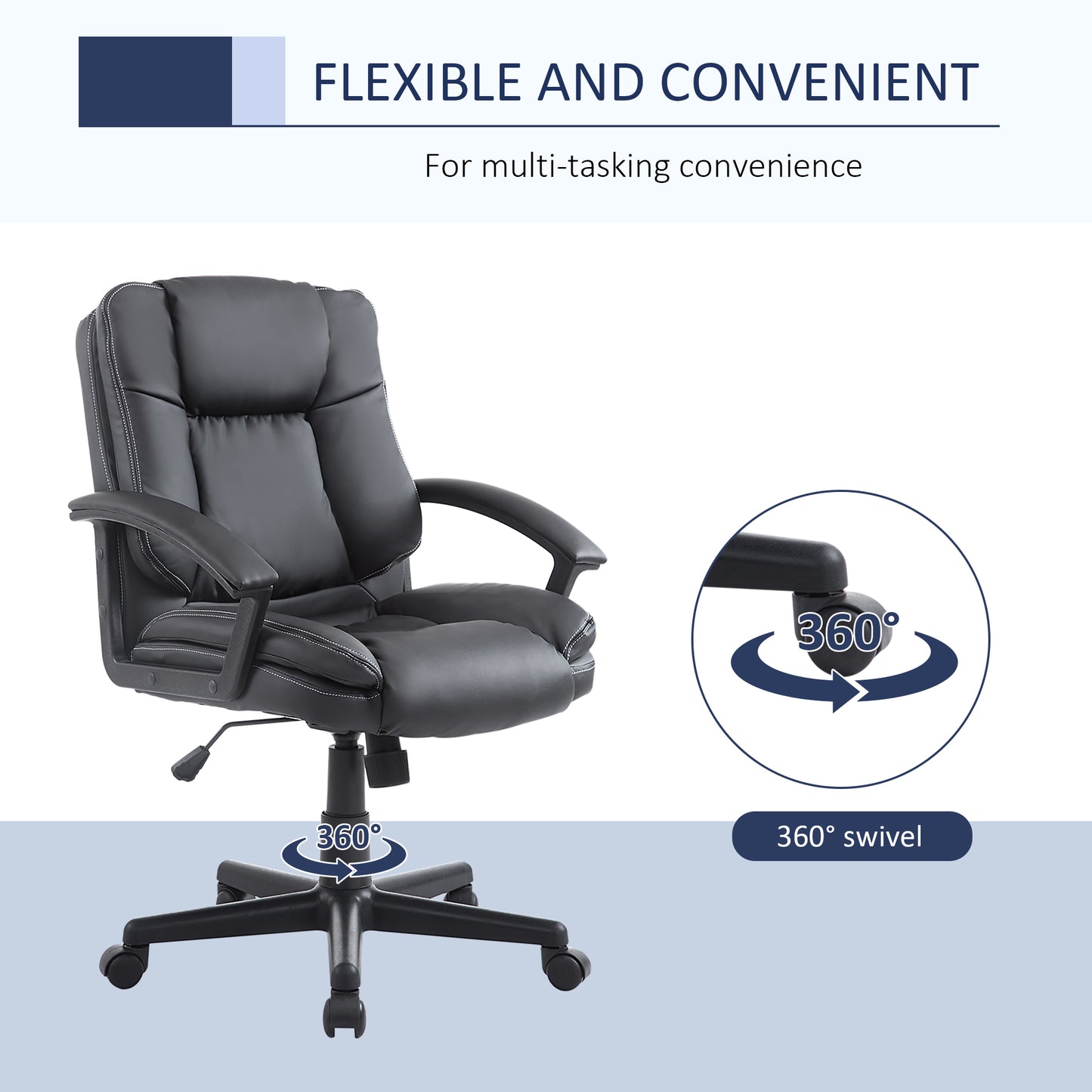 HOMCOM Office Chair, Computer Desk Chair, PU Leather Mid Back Executive Chair with Adjustable Height and Swivel Rolling Wheels for Home Study, Black