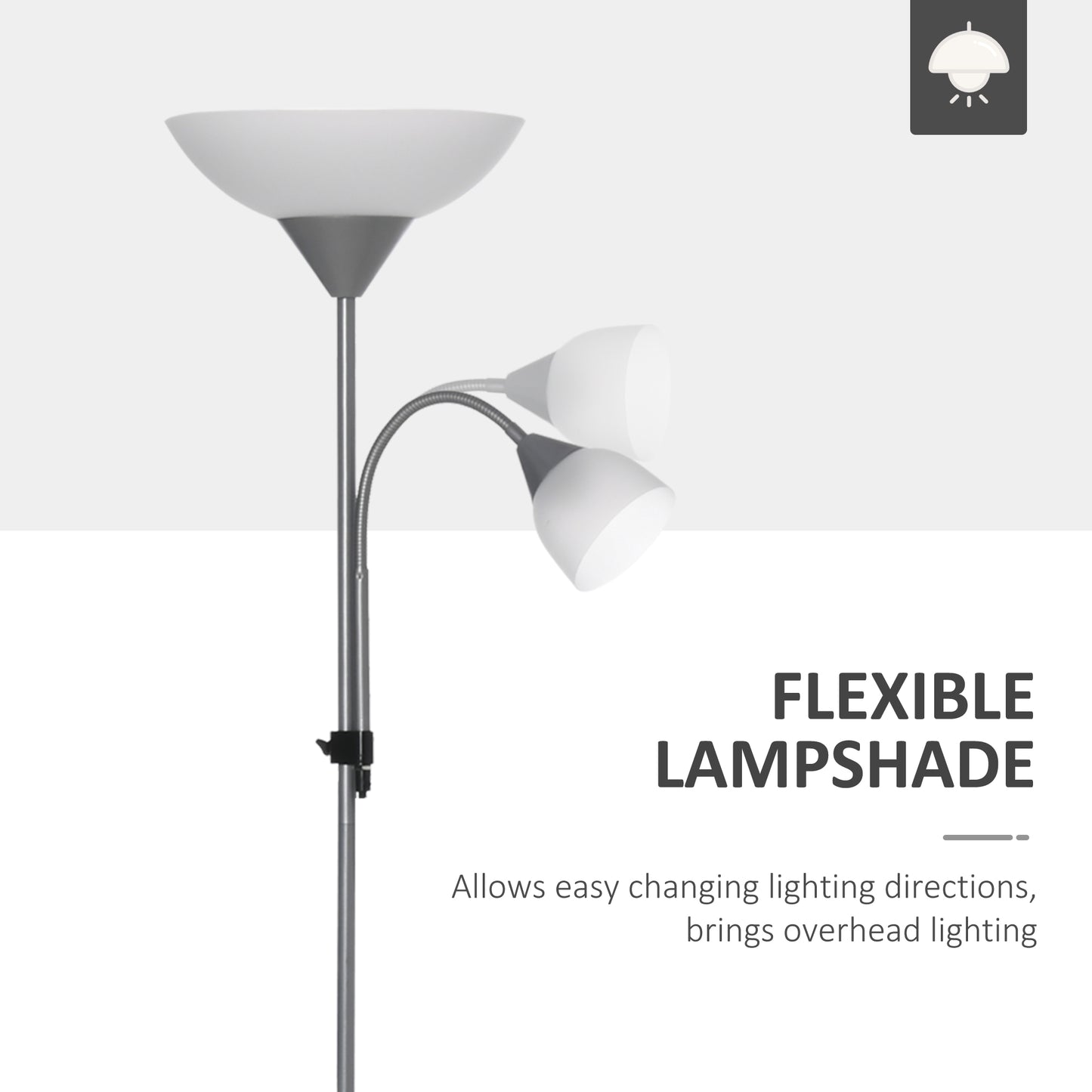 HOMCOM LED Floor Lamp for Living Room, 180cm Tall Standing Lamp, Mother and Child Uplighter with Adjustable Gooseneck, Silver Tone