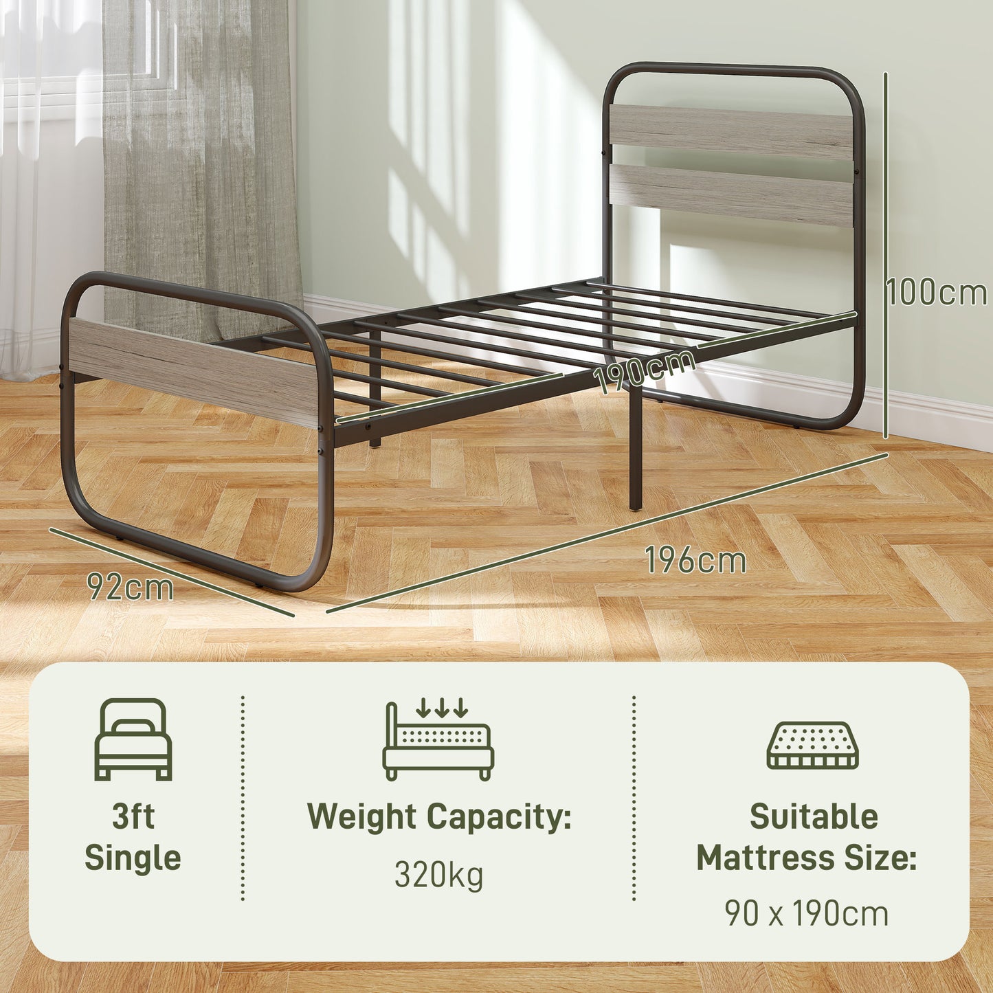 HOMCOM 3ft Single Bed Frame, Industrial Style Metal Platform Bed Frame with Under Bed Storage, No Box Spring Needed, Easy Assembly, Grey