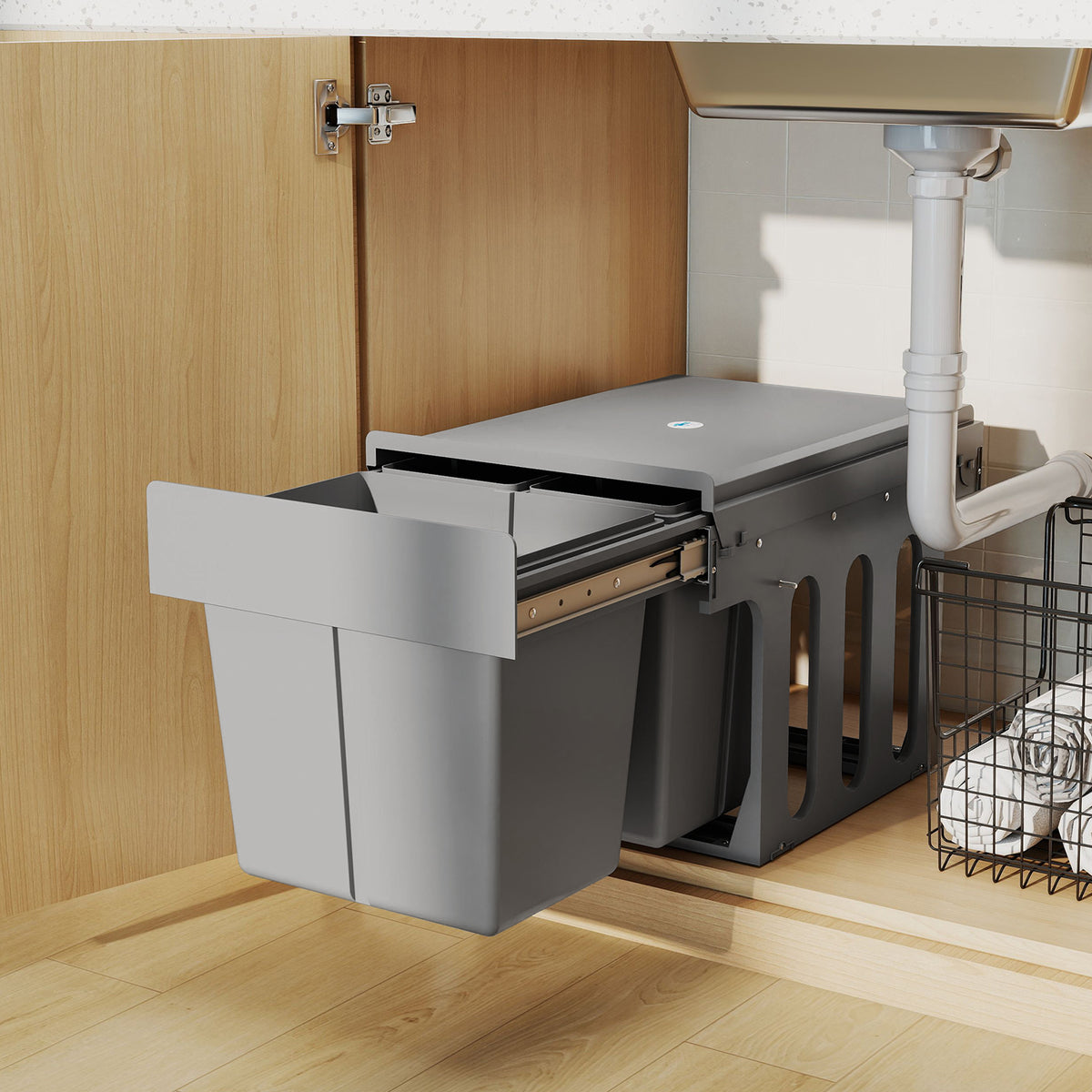 HOMCOM Pull Out Bin, Under Sink Bin - 3 Removable Compartments (15L + 2 x 8L) for 400mm Cabinets, Light Grey
