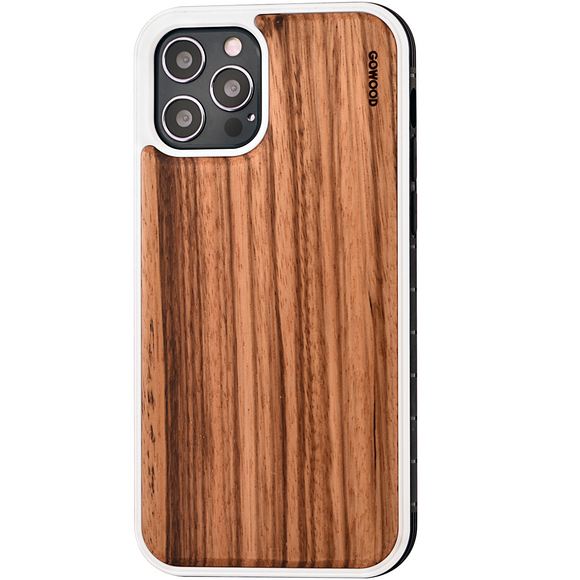iPhone 12 and iPhone 12 Pro wood case zebra backside with TPU bumper and white PC