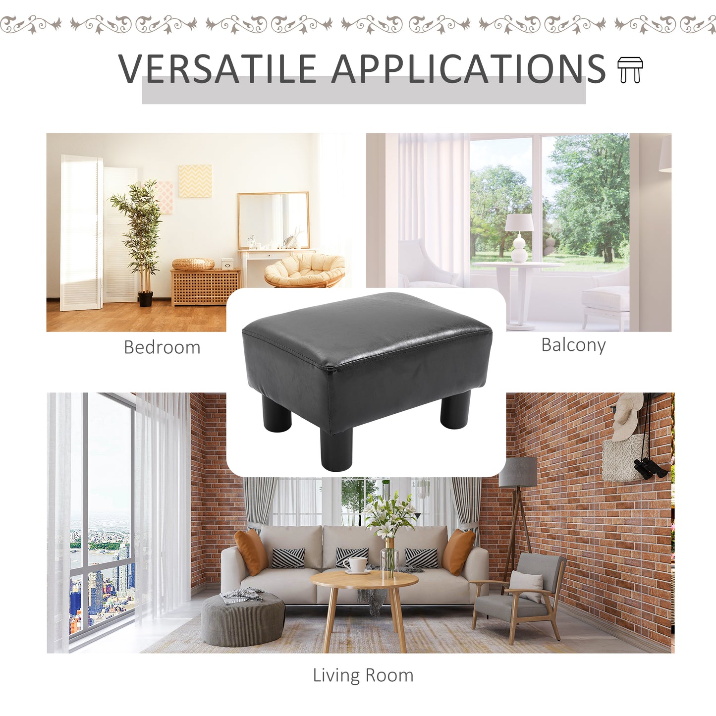 HOMCOM Faux Leather Footstool, Small Foot Rest, Rectangle Sofa Stool for Bedroom Living Room, Black