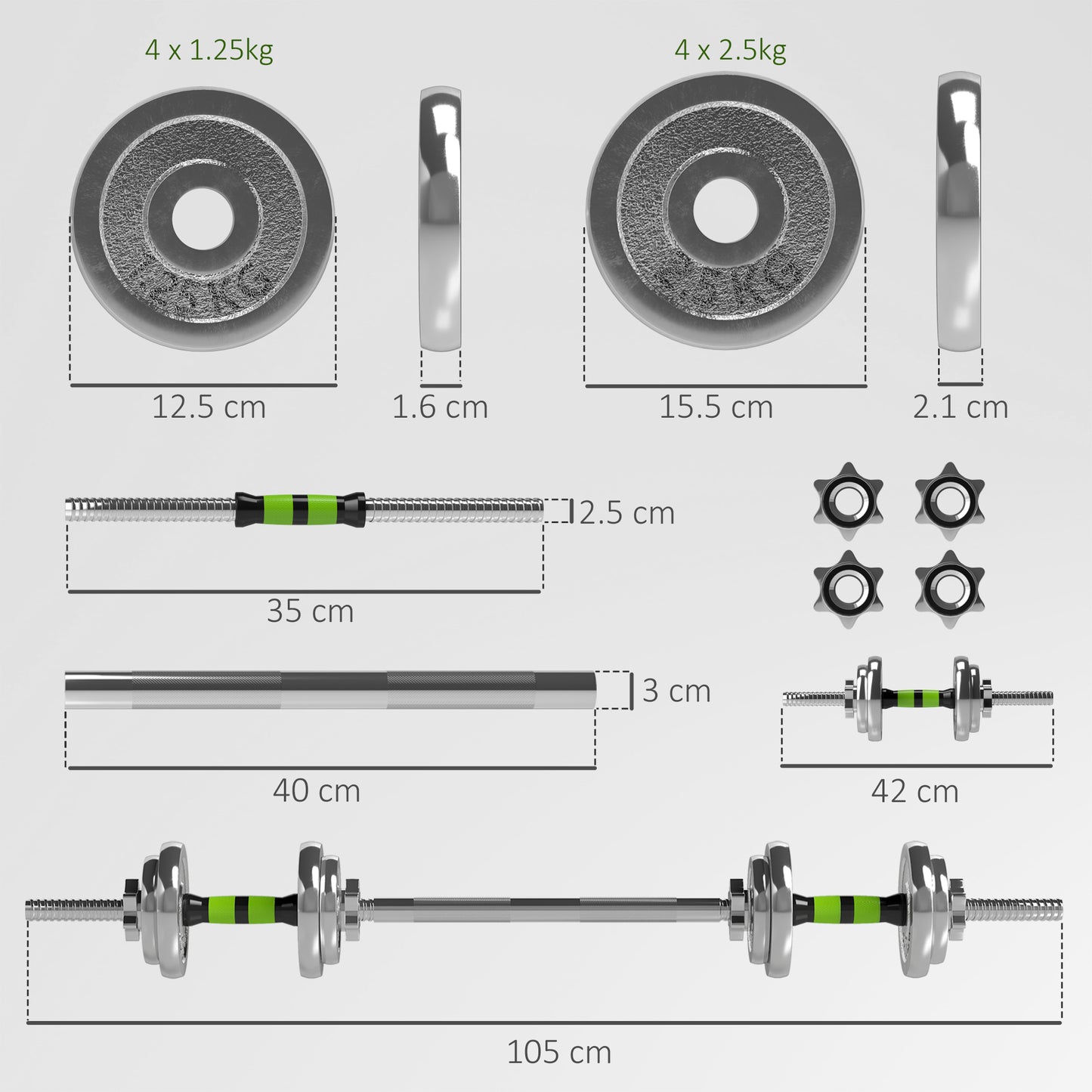 SPORTNOW 20kg 2-in-1 Barbell and Dumbbell Set, with Non-Slip Handle, for Weight Lifting, Training Home Gym